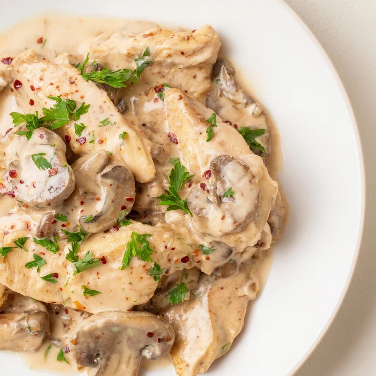 Creamy chicken stroganoff plated over egg noodles and garnished with fresh green parsley sprigs