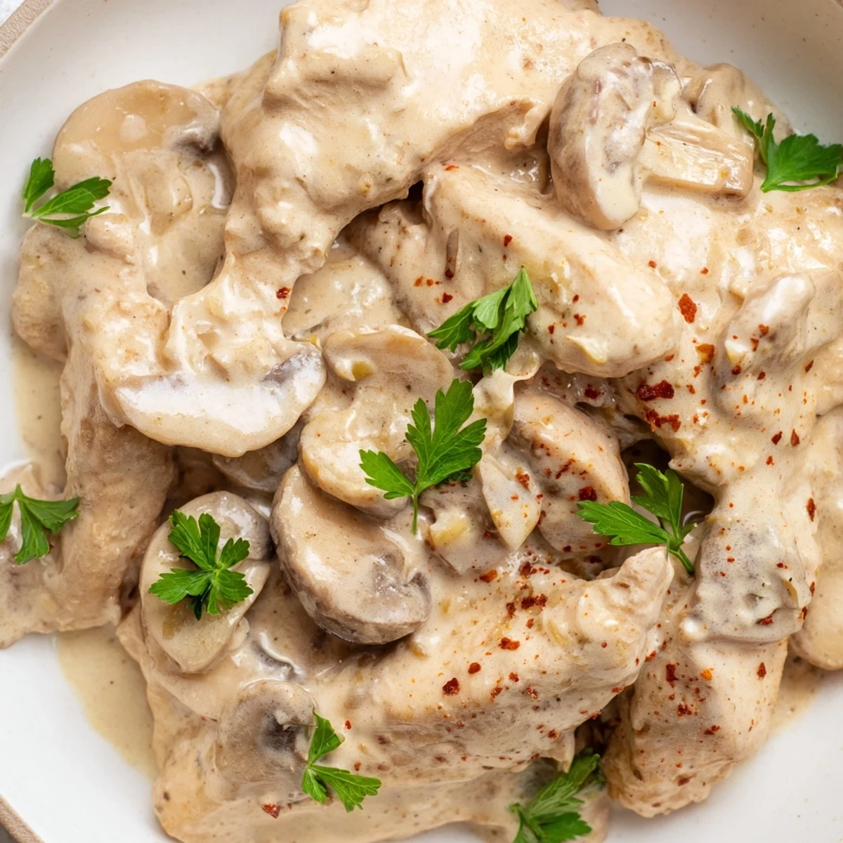 Golden brown chicken strips and sliced mushrooms swimming in a rich creamy sour cream sauce