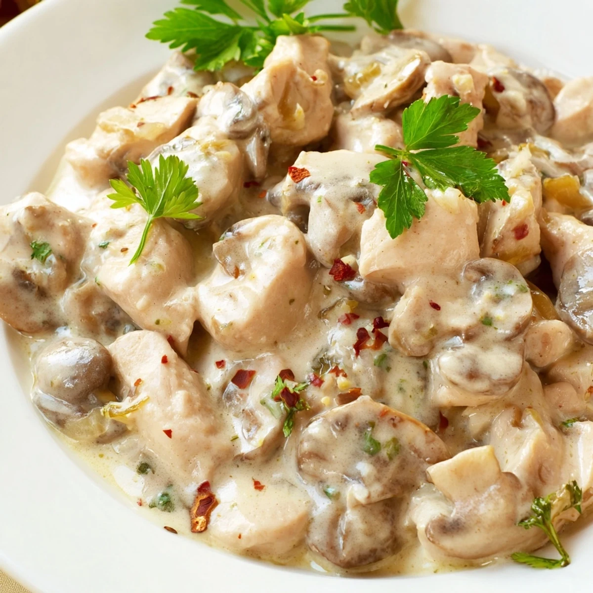 Tender chunks of chicken and earthy mushrooms simmered in a velvety white sauce with paprika