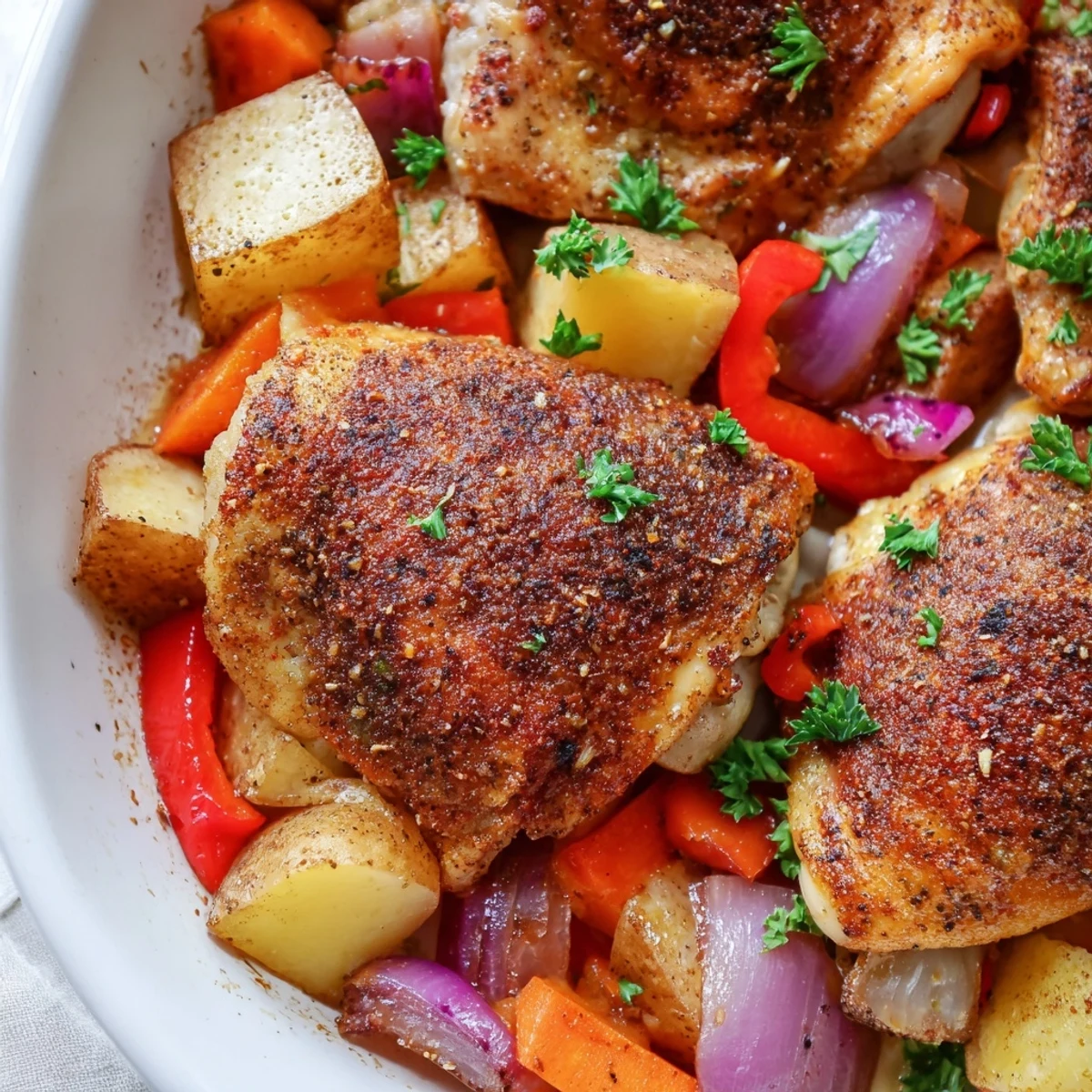 Golden crispy chicken thighs nestled among roasted vegetables on a baking sheet