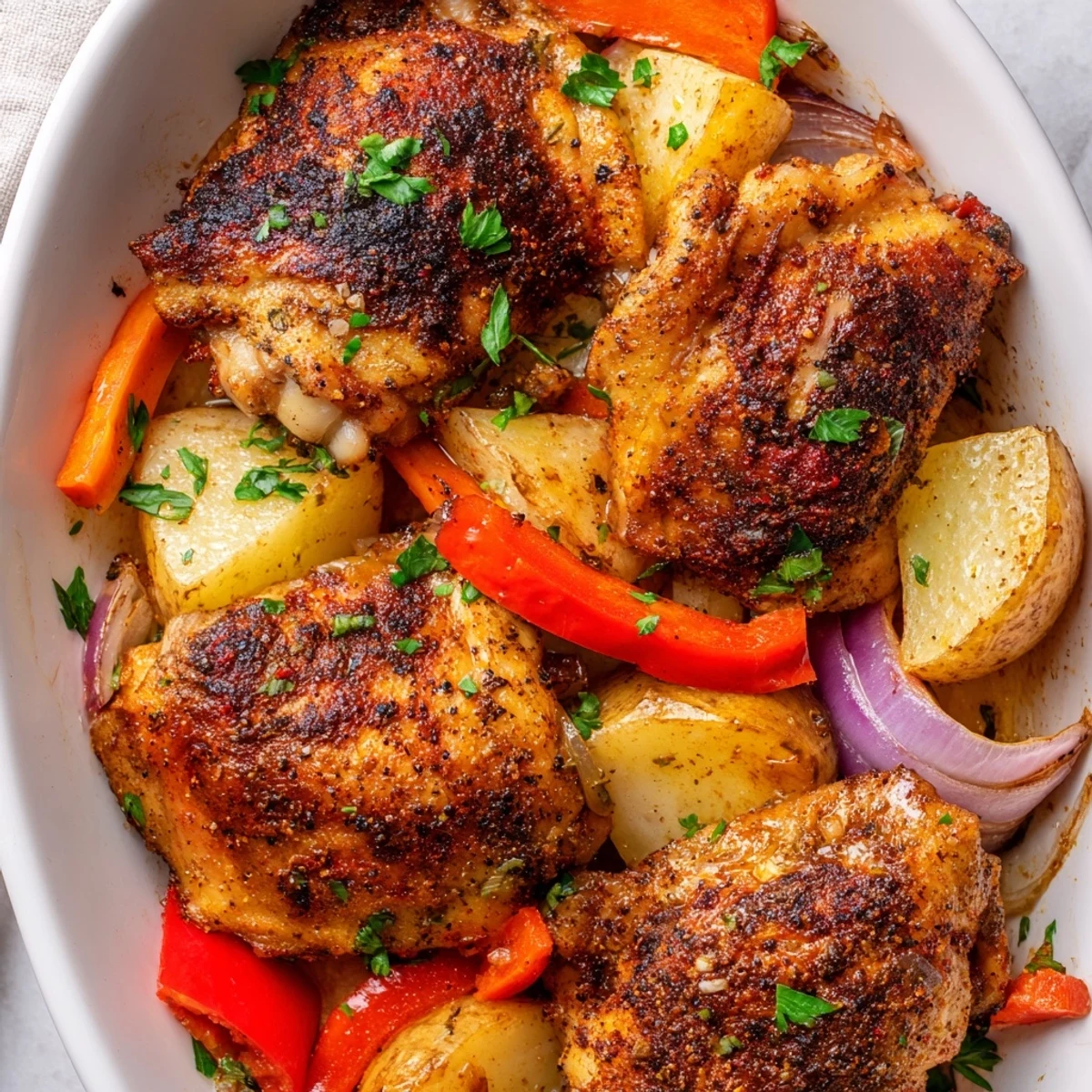 Tender one pan chicken bake with colorful potatoes carrots and bell peppers