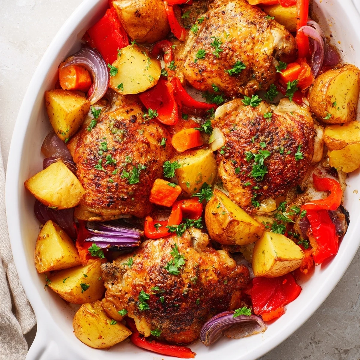 Savory chicken and vegetable medley baked to golden perfection in one pan