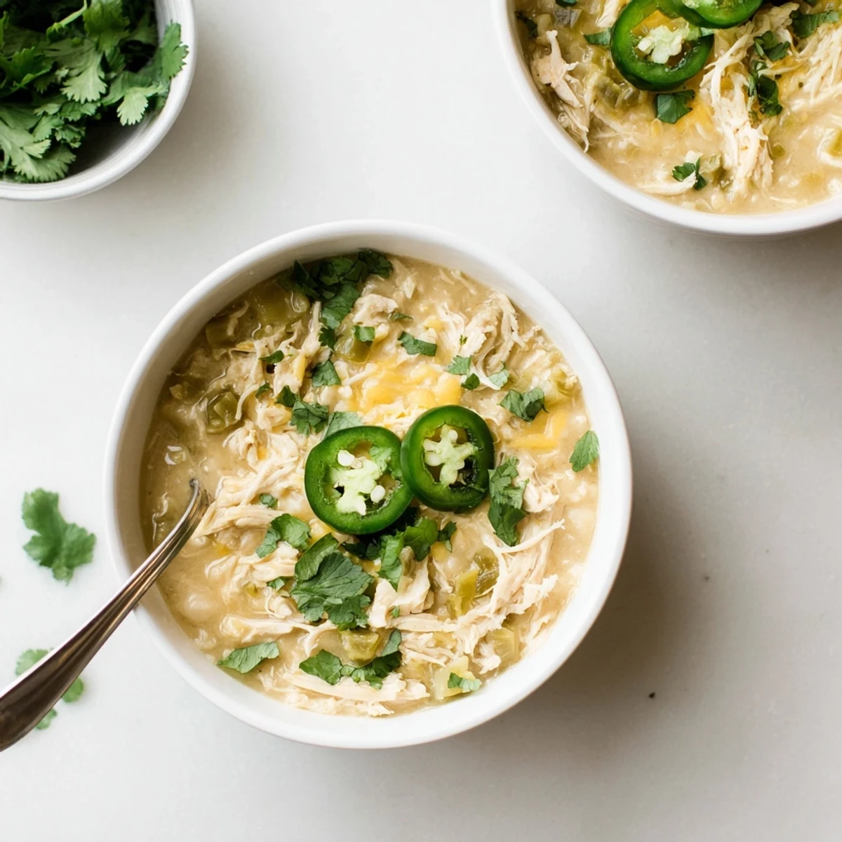 Hearty low-carb white chicken chili featuring green chiles and rich spices garnished with lime wedges