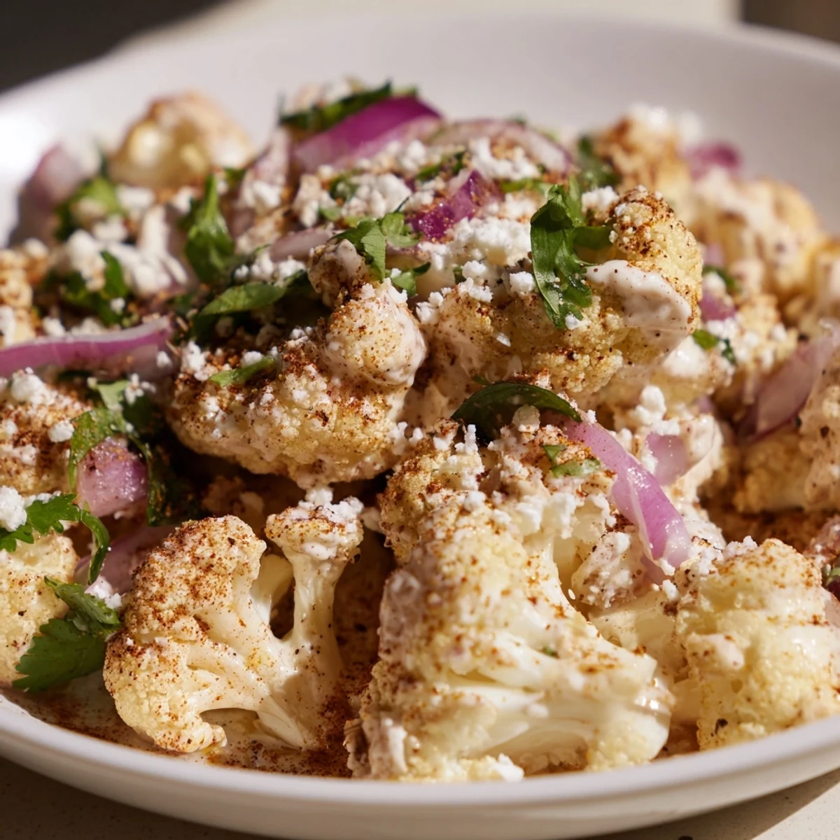 Golden roasted cauliflower florets coated in creamy lime sauce and sprinkled with crumbled cotija cheese and fresh cilantro