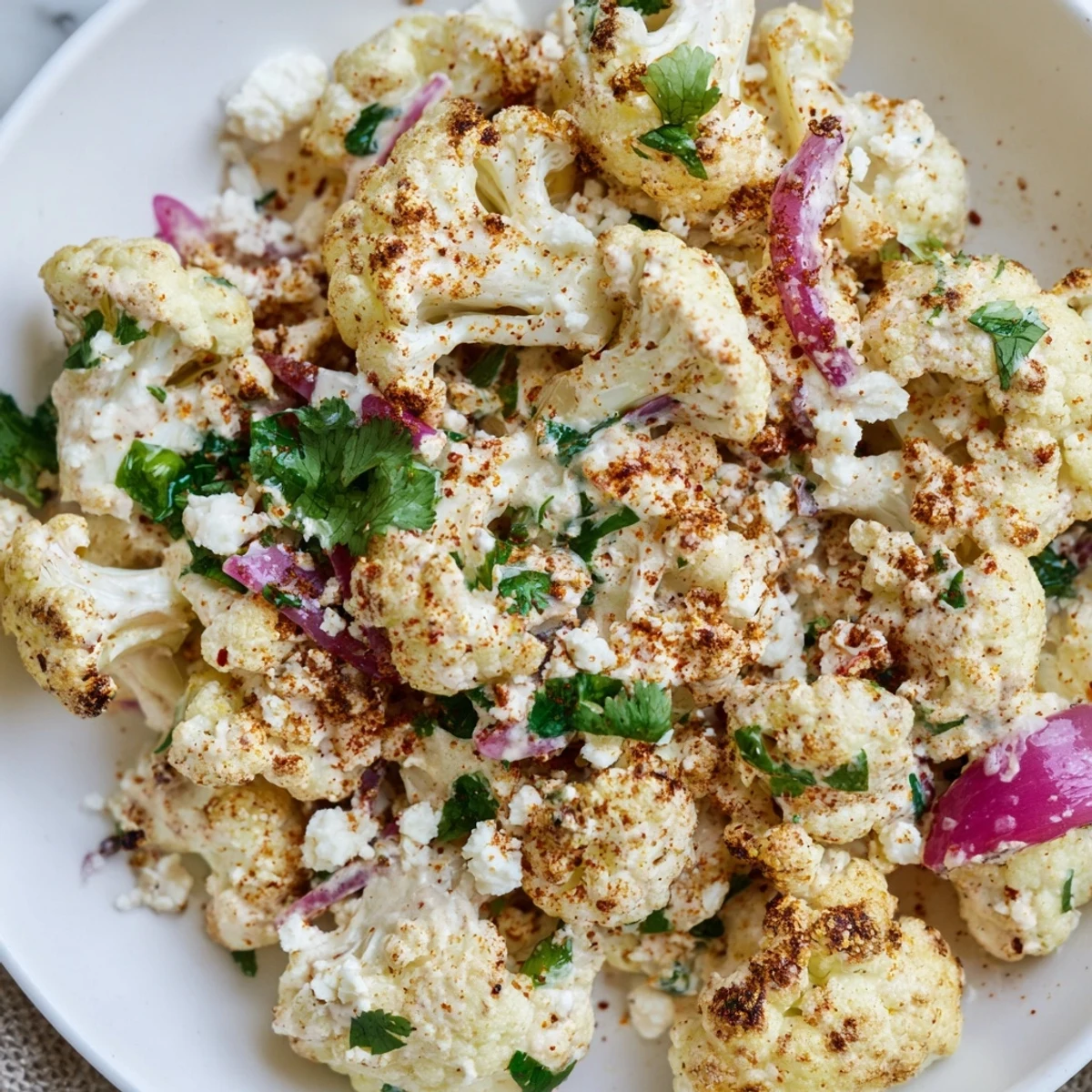 Mexican cauliflower elote arranged on a platter with zesty mayo dressing, chili powder, and vibrant green garnishes