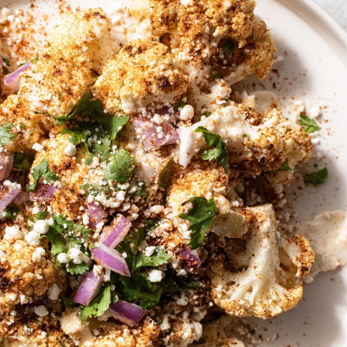 Roasted cauliflower elote topped with white crumbled cheese, red onion, and chopped cilantro over a dark serving dish