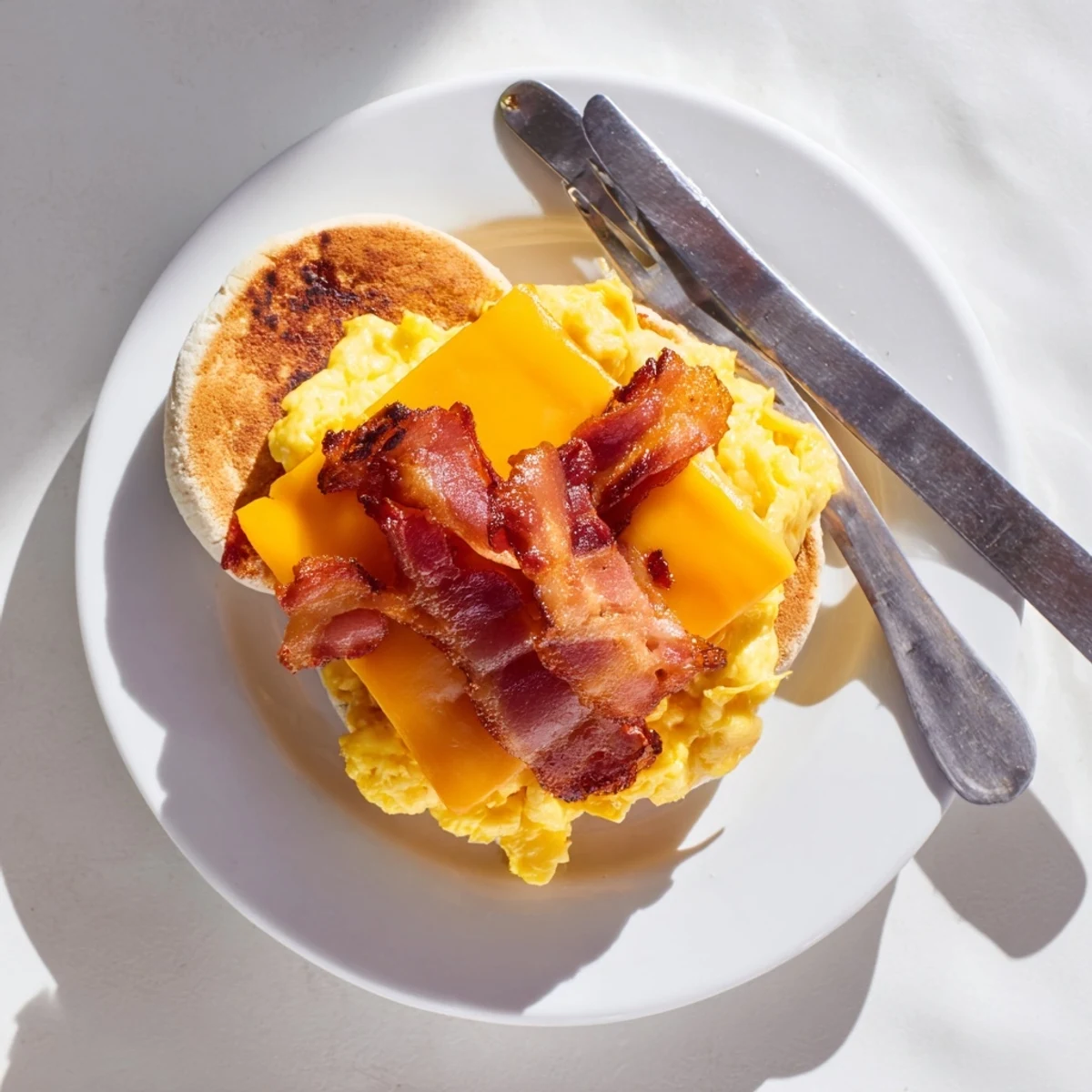 Golden toasted English muffin stacked with fluffy scrambled eggs, crispy bacon, and melted cheddar cheese