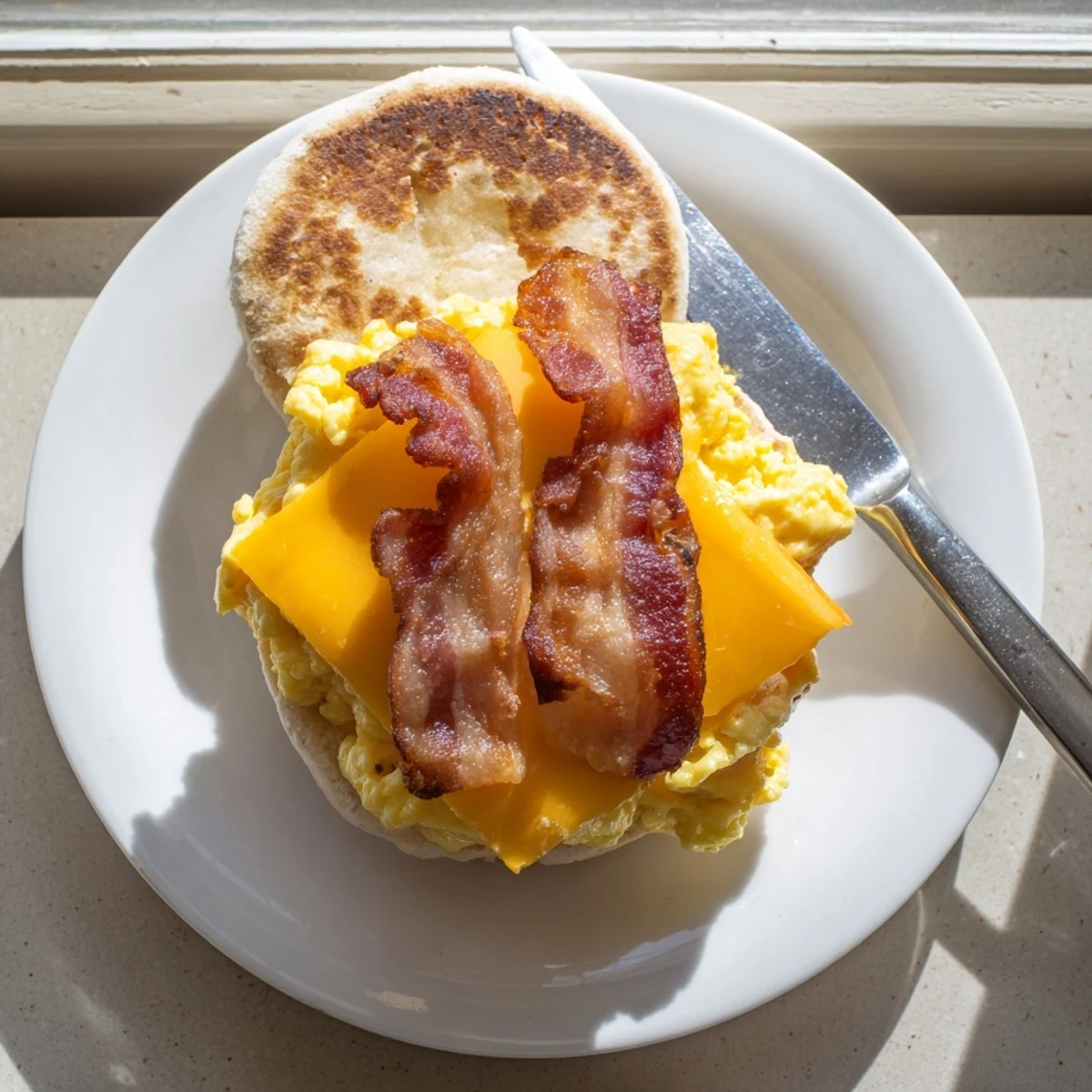 Hearty griddle breakfast sandwich featuring crispy bacon, fluffy eggs, and gooey cheese on toasted muffin