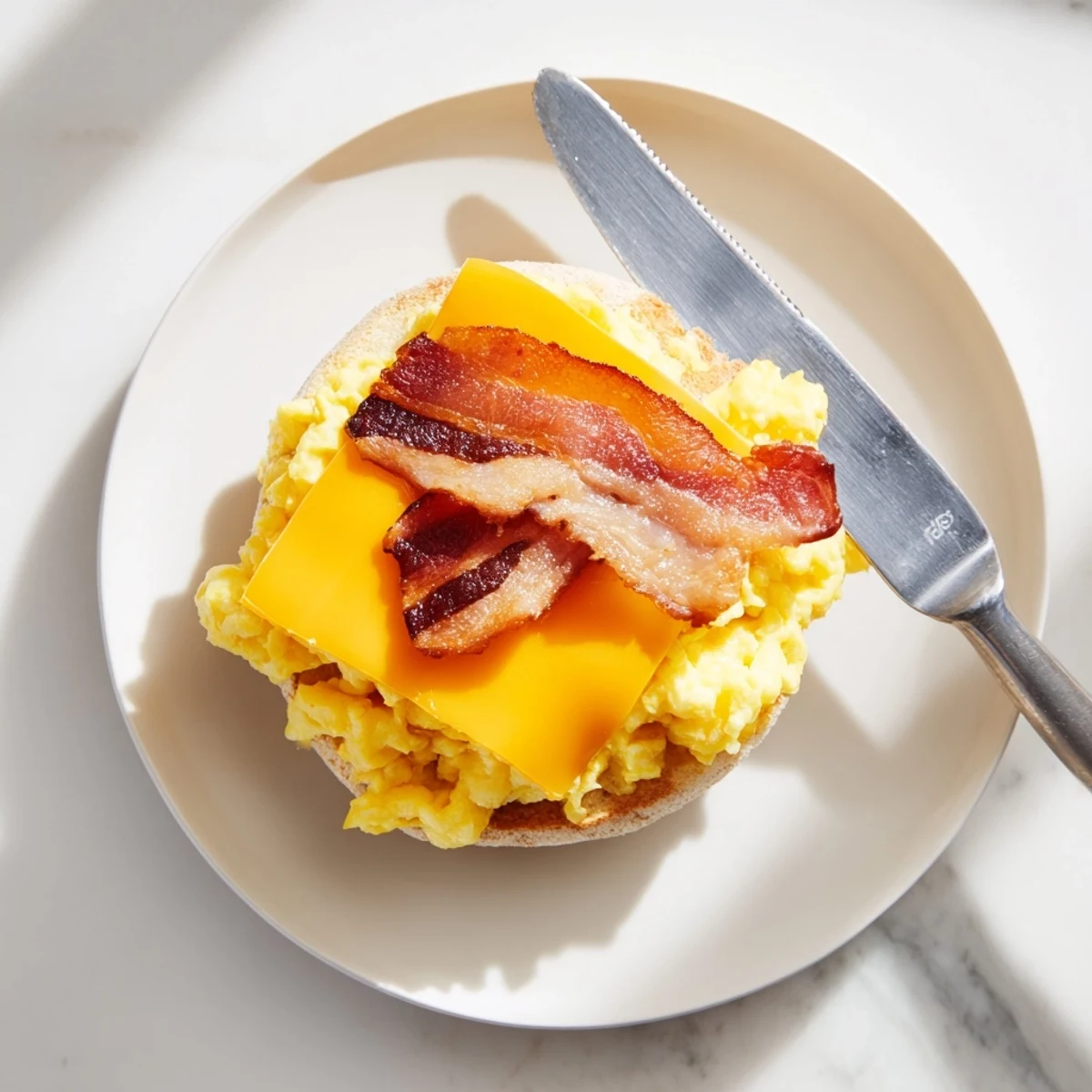American breakfast sandwich with melty cheese, scrambled eggs, and bacon served on golden English muffin halves