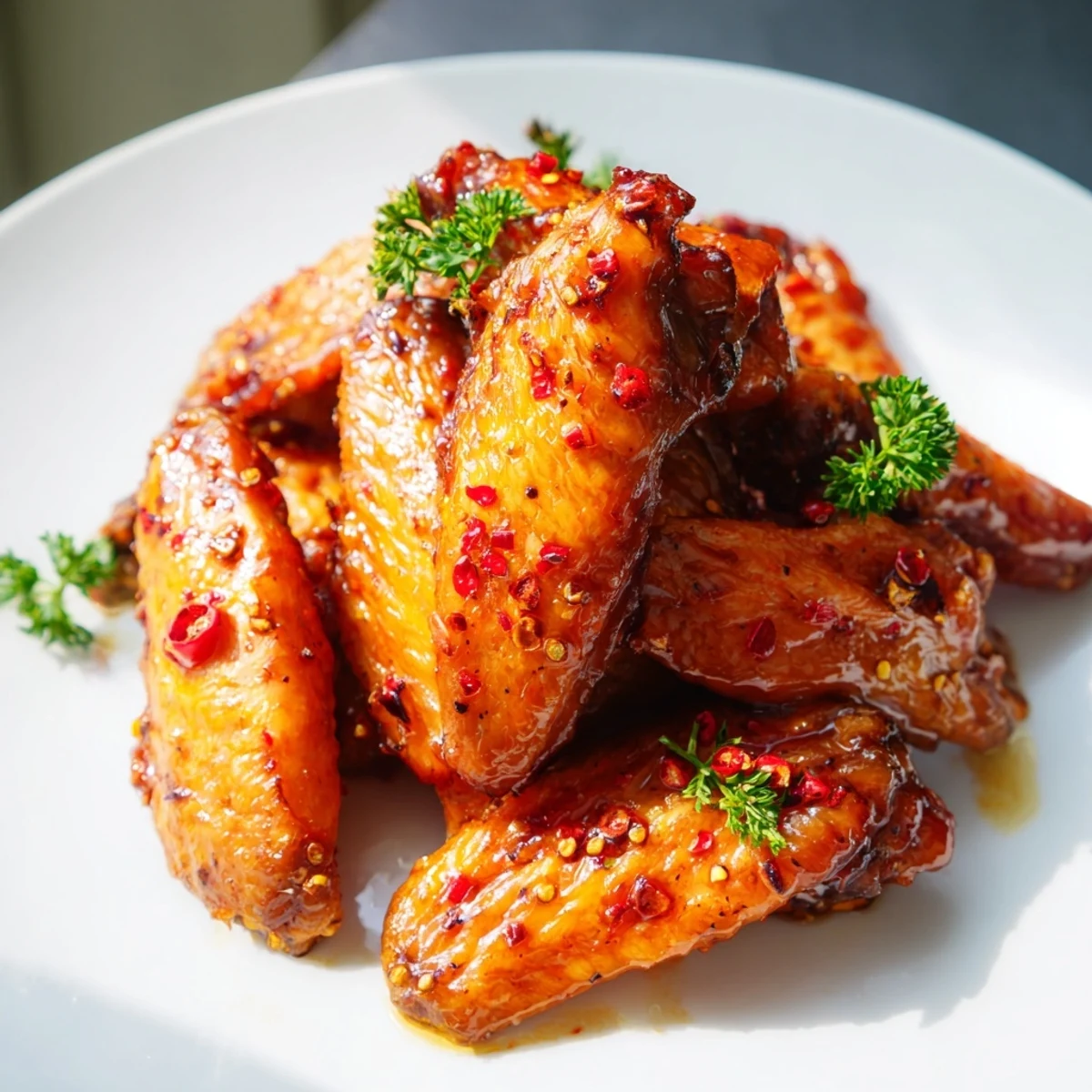 Crispy smoked hot honey chicken wings drizzled with sweet honey chili sauce
