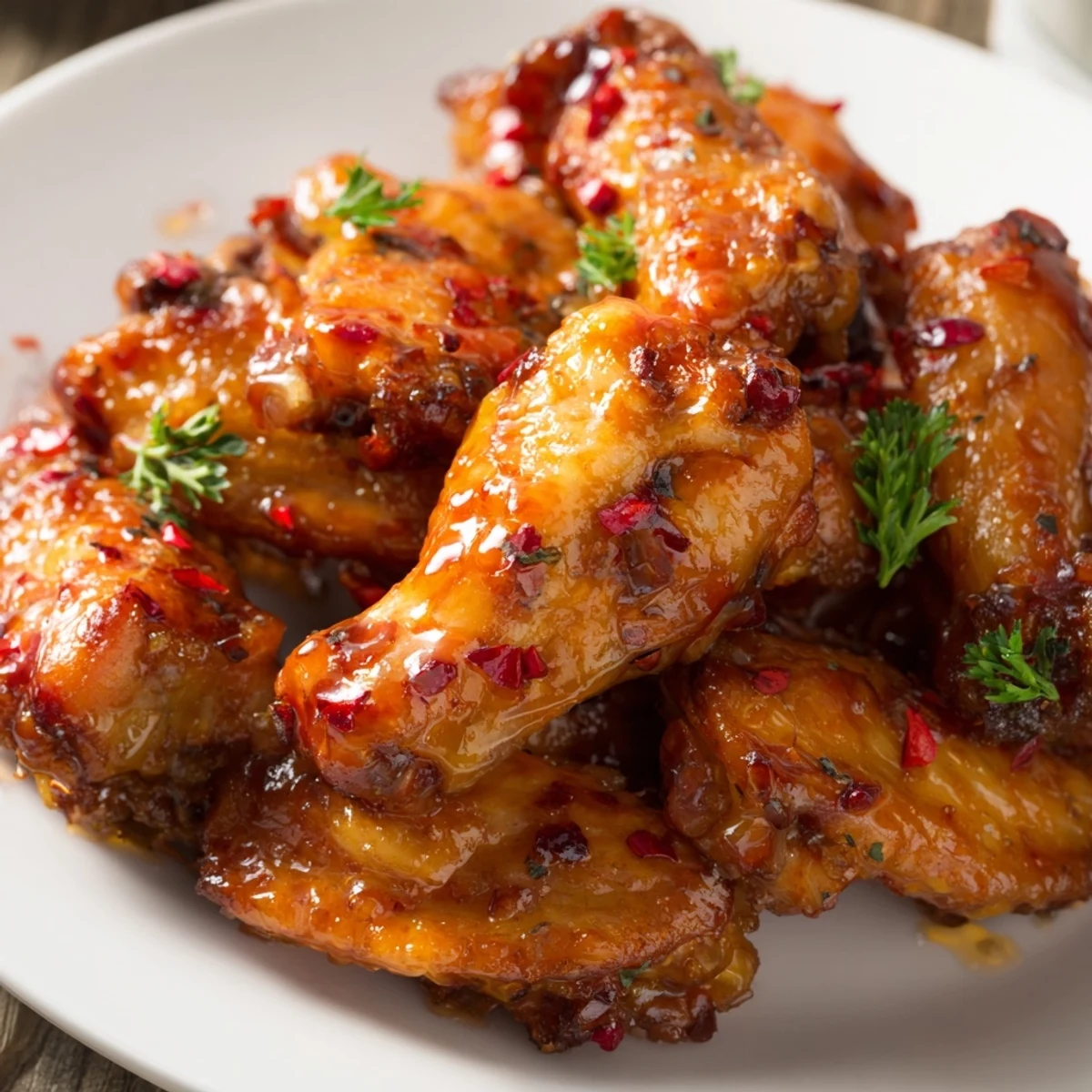 Smoky hot honey chicken wings arranged on platter with garnish and dipping sauce