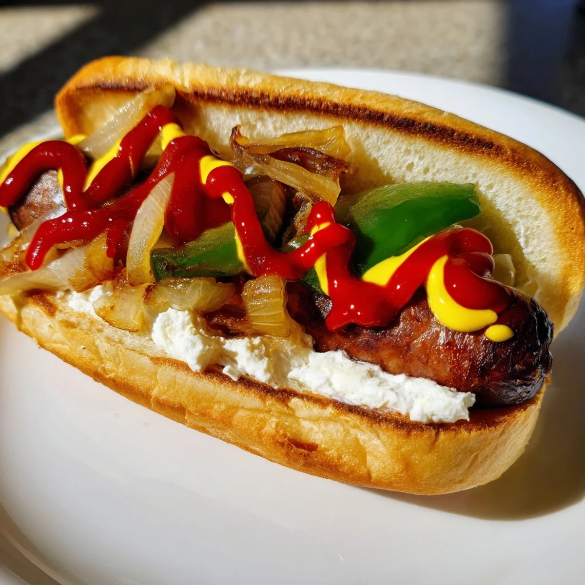 Grilled Seattle hot dogs piled with caramelized onions and creamy cream cheese on toasted brioche buns