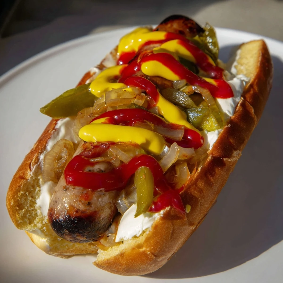 Street-style Seattle hot dogs featuring grilled sausage topped with melted cream cheese and golden sautéed onions