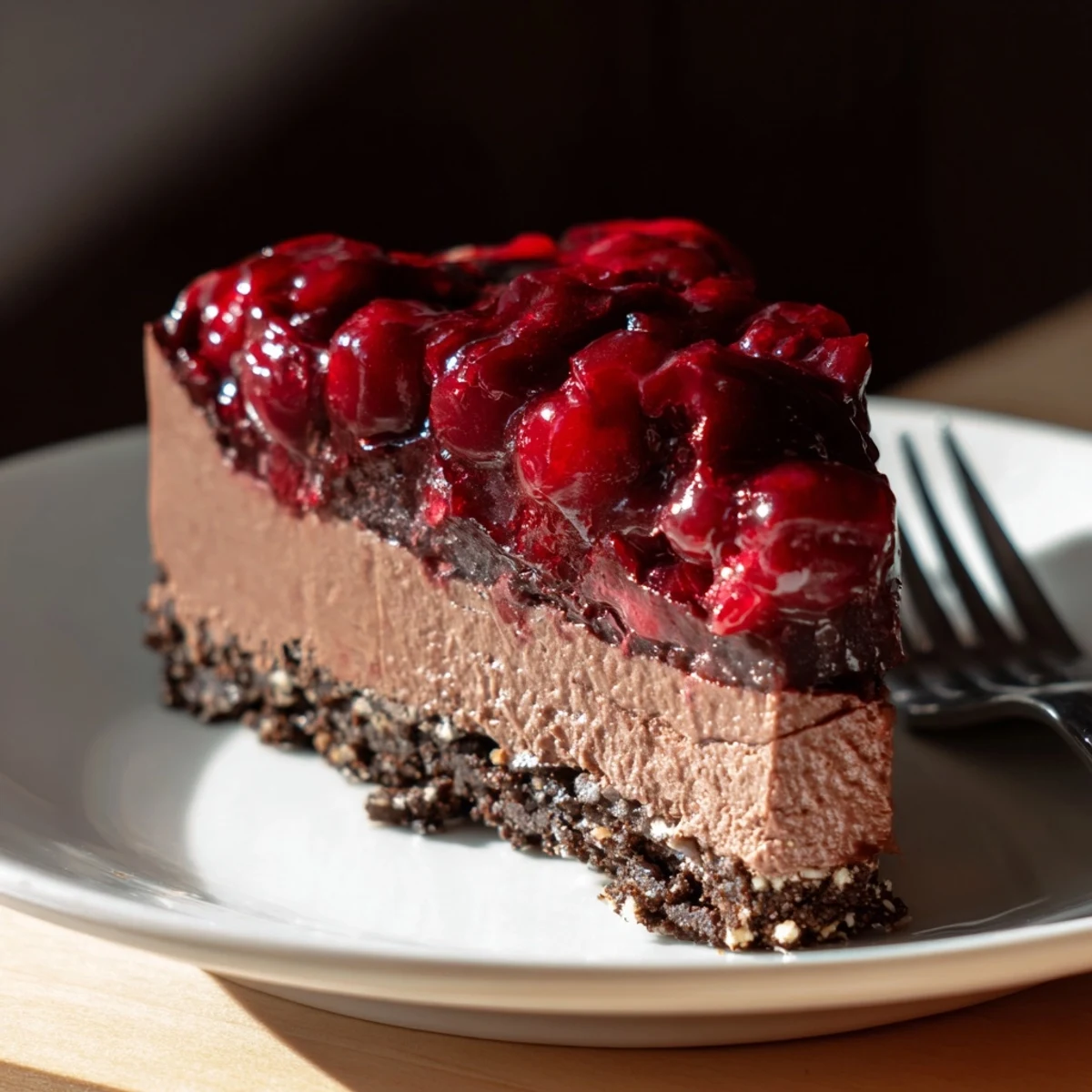 Creamy dark chocolate cherry cheesecake slice with vibrant red cherry topping on chocolate cookie crust