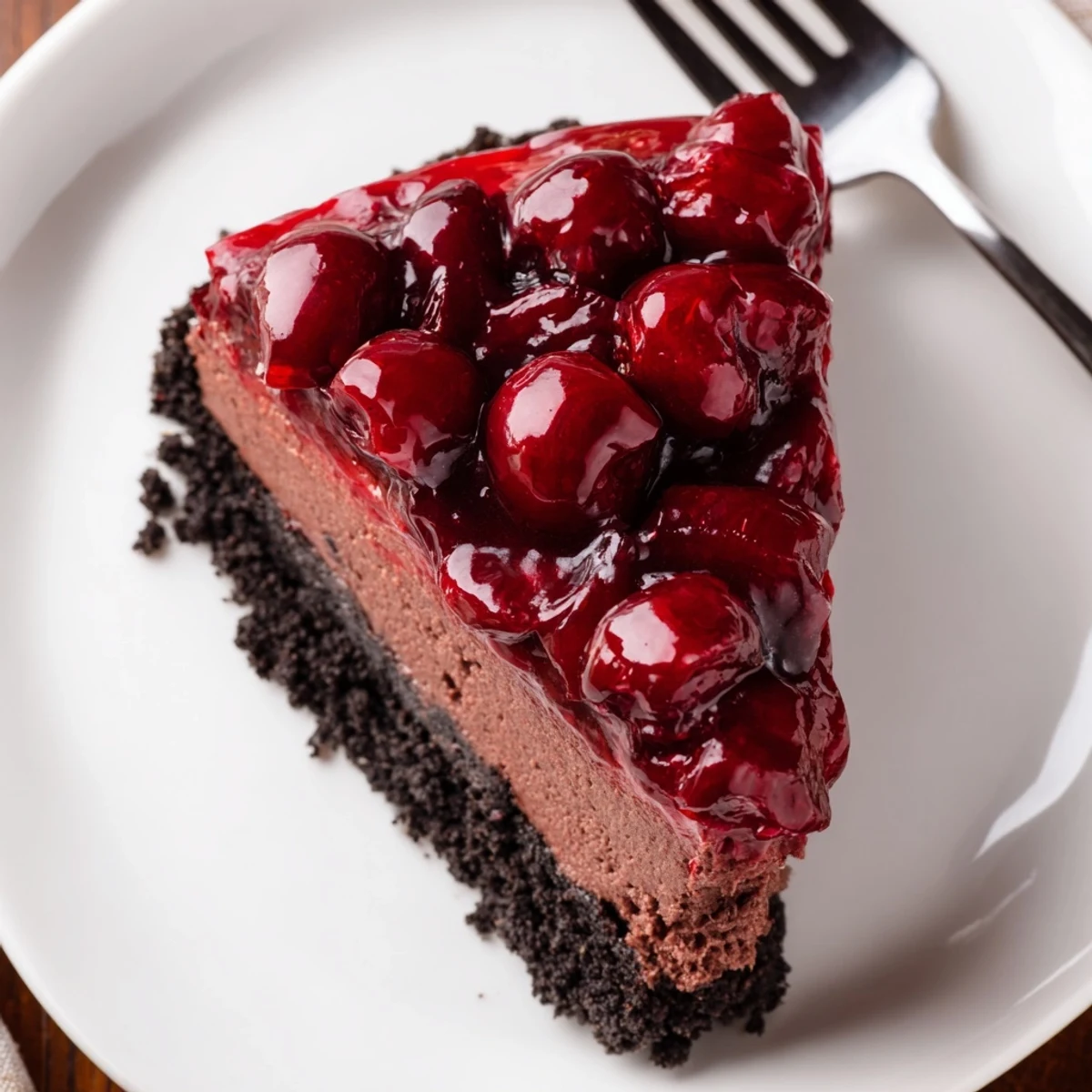Rich dark chocolate cheesecake topped with glossy cherry compote served on white dessert plate