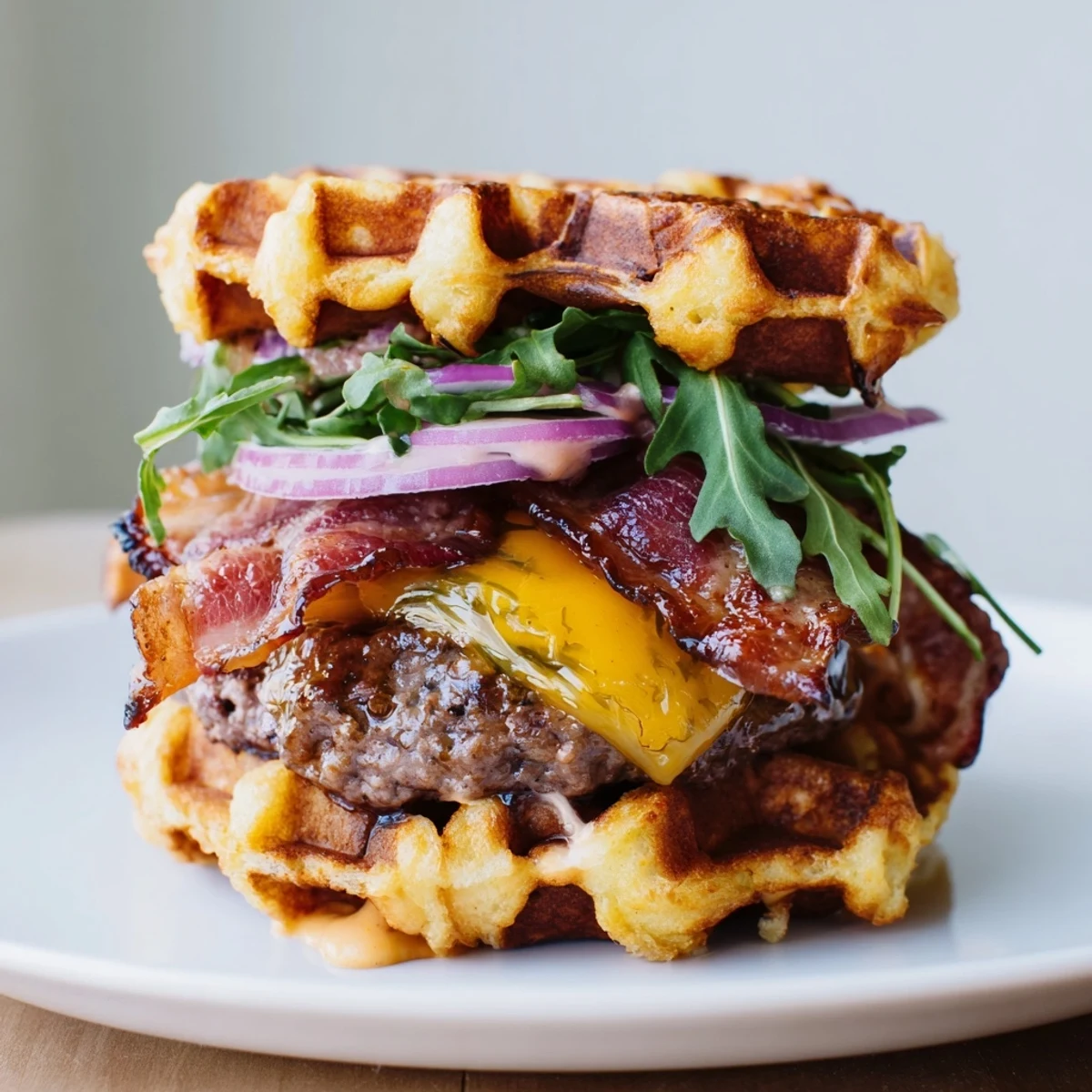 Golden waffle bun sandwiching juicy beef patty with melted cheddar and crispy maple glazed bacon