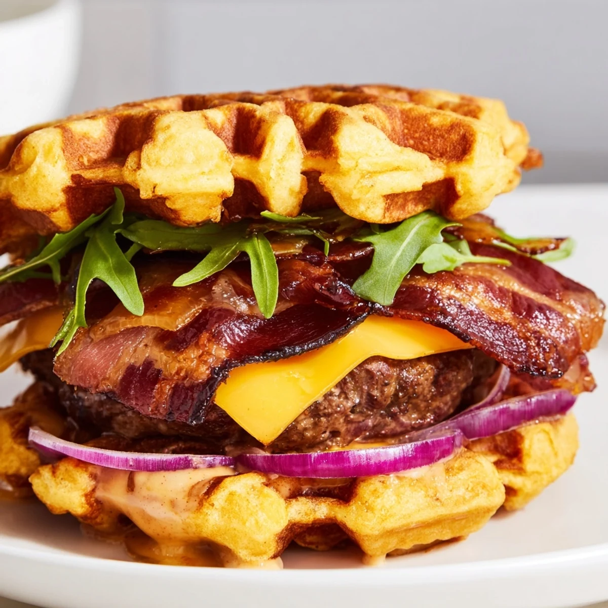 Stacked maple bacon waffle burger featuring arugula red onions and sweet maple aioli drizzle