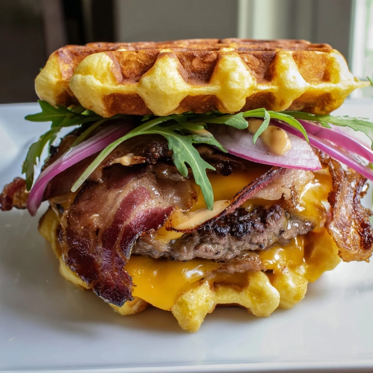 Close-up of waffle burger loaded with bacon cheese caramelized maple glaze and fresh toppings