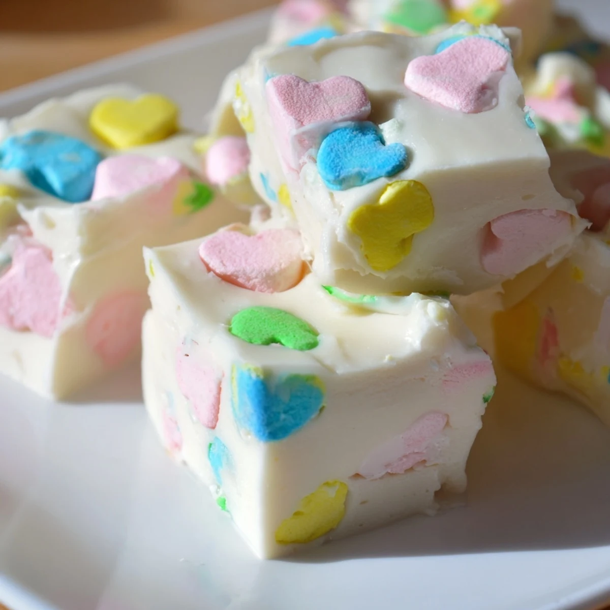 Homemade Easy Lucky Charms Fudge arranged on a decorative platter with vibrant marshmallow swirls