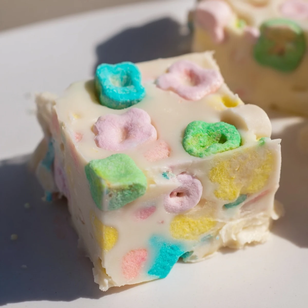 Square pieces of Easy Lucky Charms Fudge studded with bright marshmallow bits and ready for serving