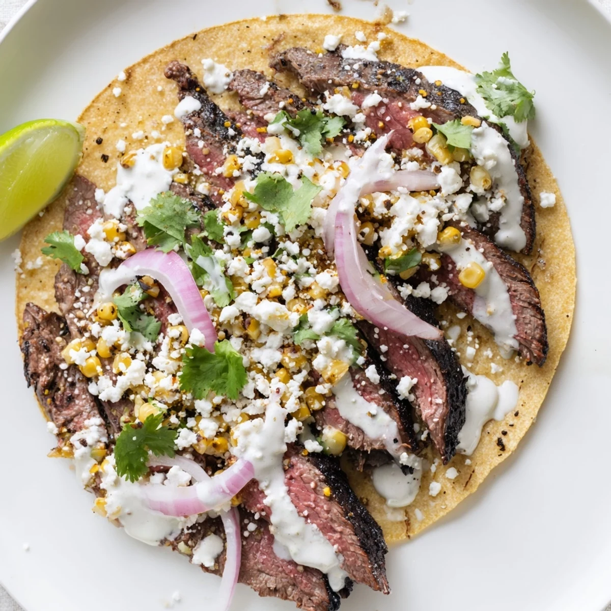 Golden grilled steak elote tacos topped with creamy cotija, fresh cilantro, and zesty lime