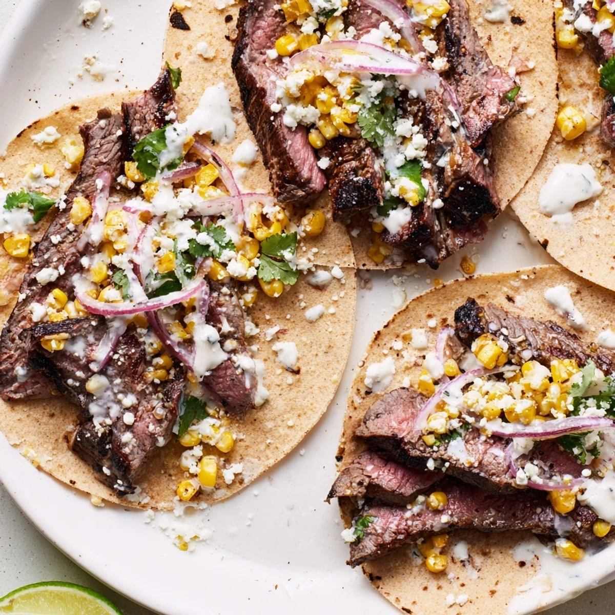 Flavorful grilled steak elote tacos featuring charred corn, tangy crema, and crumbled white cheese