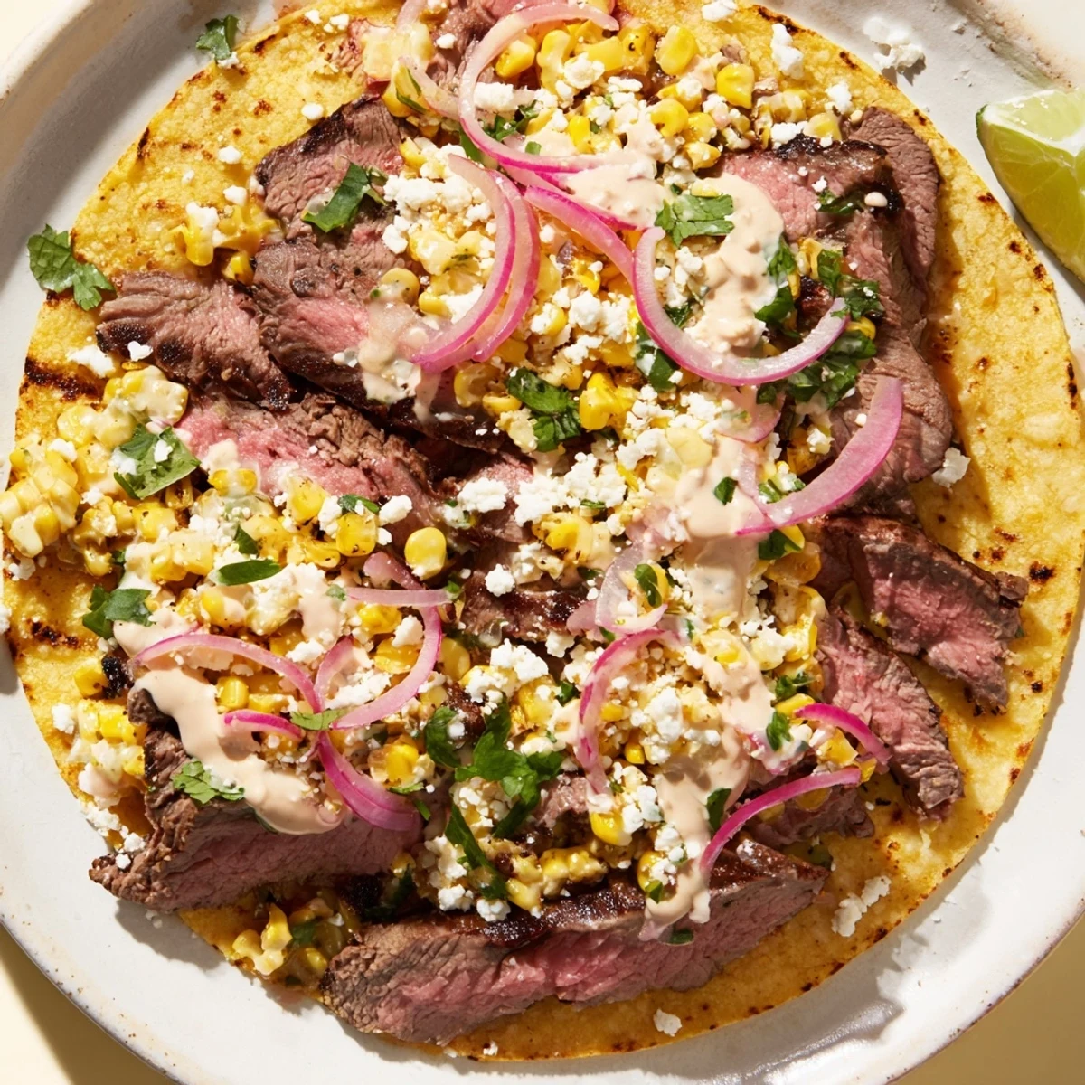 Mexican-style grilled steak elote tacos loaded with street corn, red onion, and rich crema drizzle