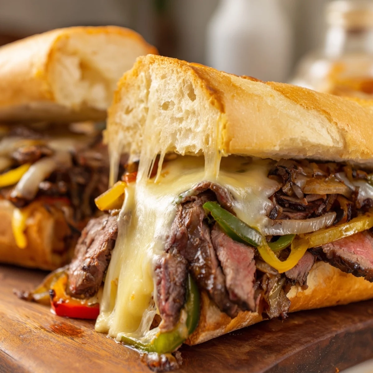 Golden melted provolone draped over sizzling ribeye steak in this ultimate griddled cheesesteak sandwich on a toasted hoagie roll