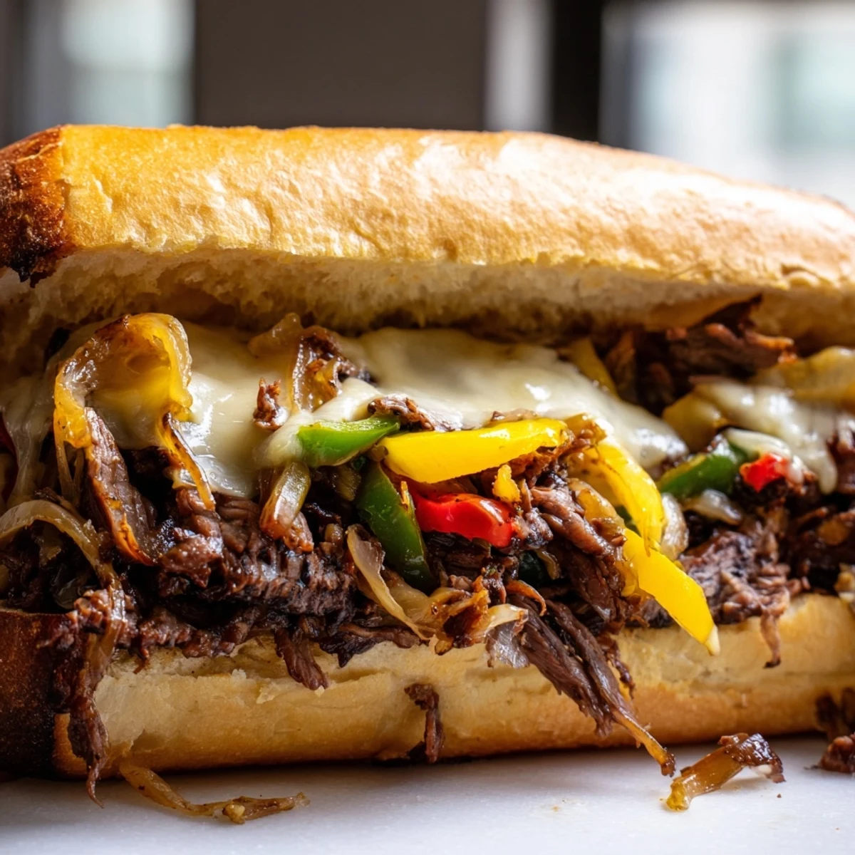 Tender sliced ribeye with caramelized onions and gooey cheese stuffed into a buttery griddled hoagie roll for this ultimate cheesesteak