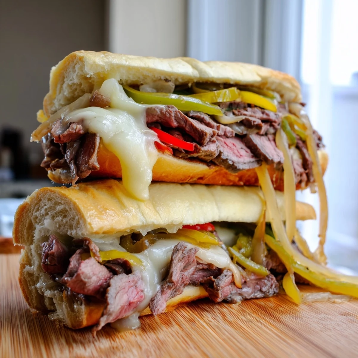 A hearty ultimate griddled cheesesteak overflowing with juicy seasoned beef, sweet peppers, and melted provolone on a warm toasted roll