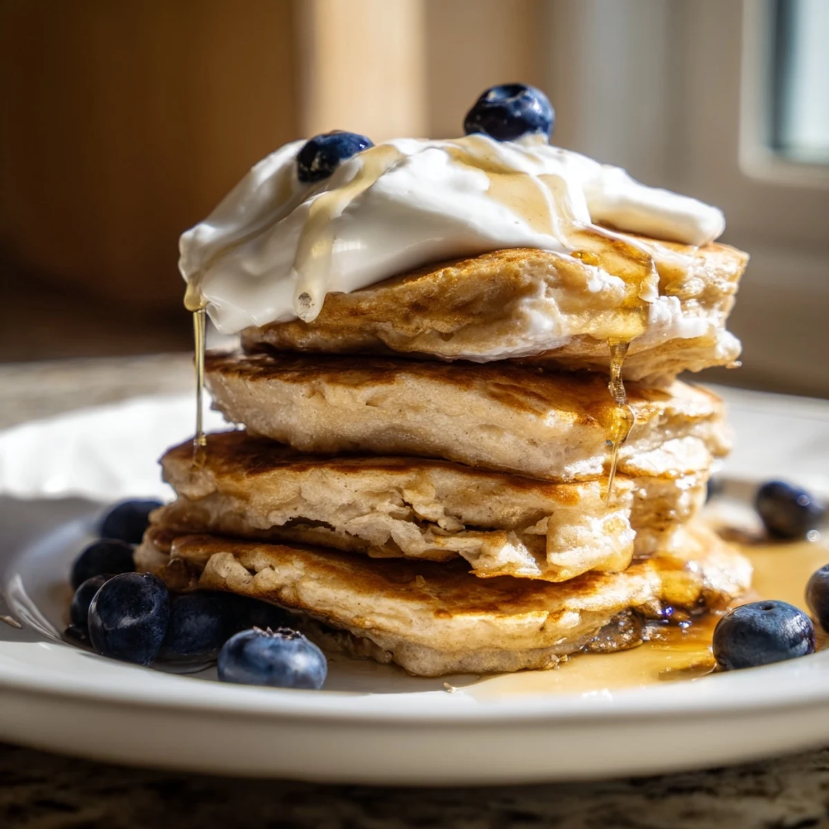 Golden stack of banana oatmeal pancakes topped with creamy Greek yogurt and fresh berries