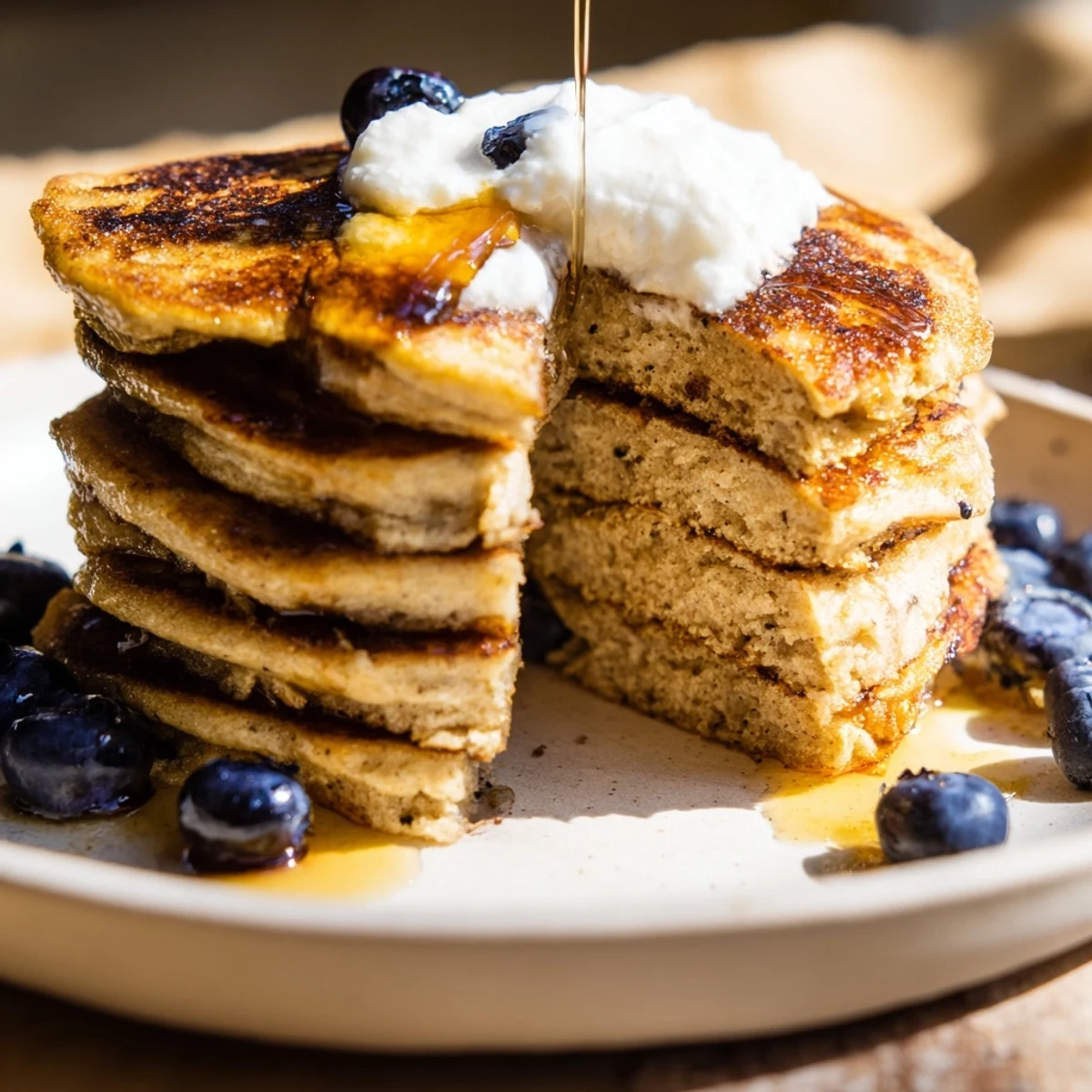 Fluffy banana oatmeal pancakes with Greek yogurt drizzled with maple syrup on a white plate