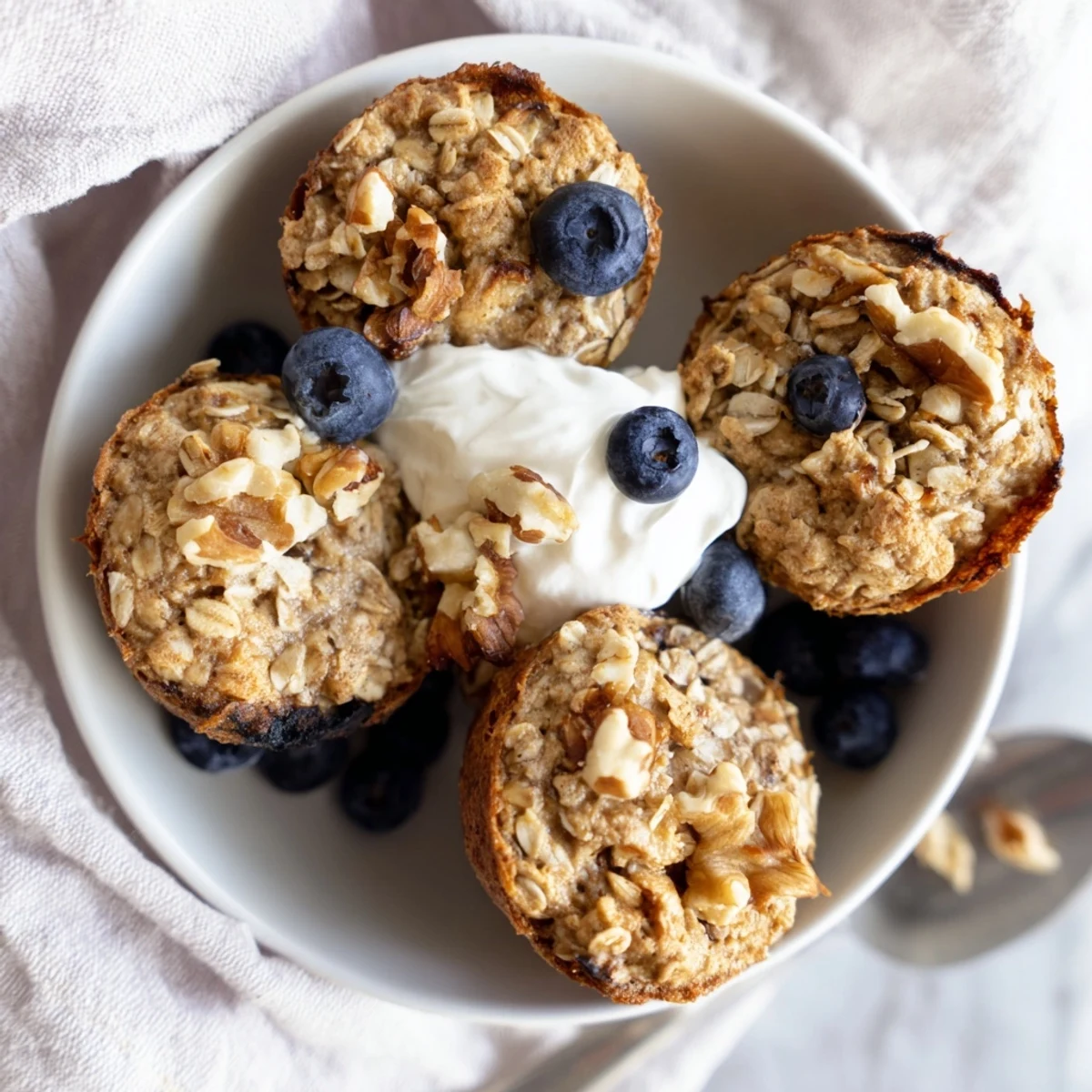 Portable banana baked oatmeal cups with Greek yogurt topping, perfect for healthy breakfasts on the go