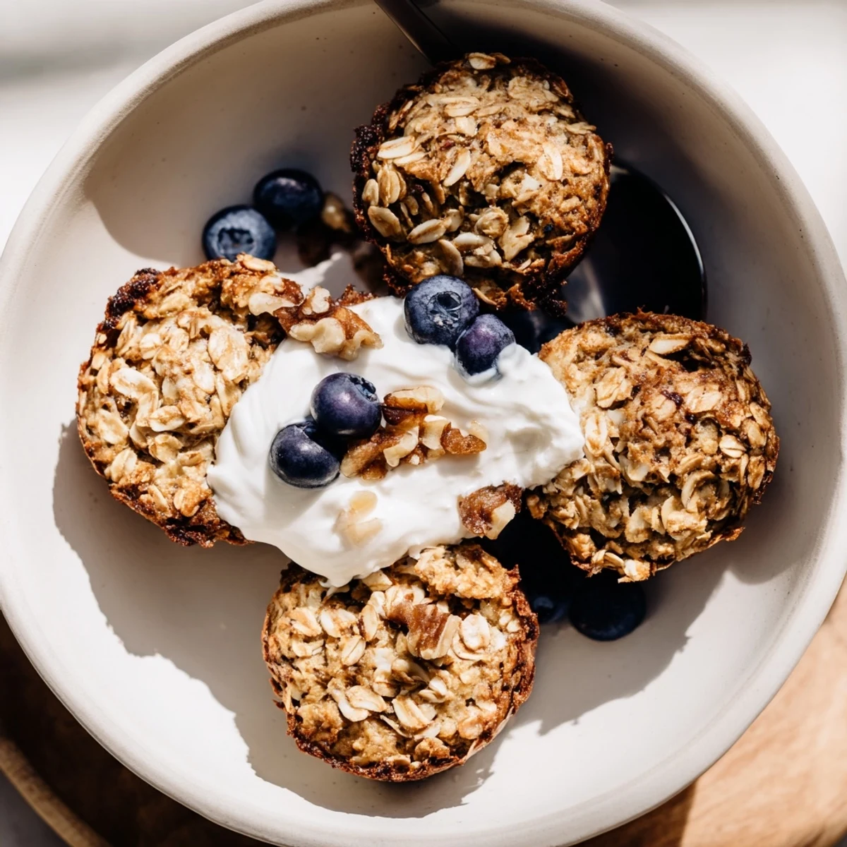 Golden banana baked oatmeal cups topped with a generous dollop of creamy Greek yogurt