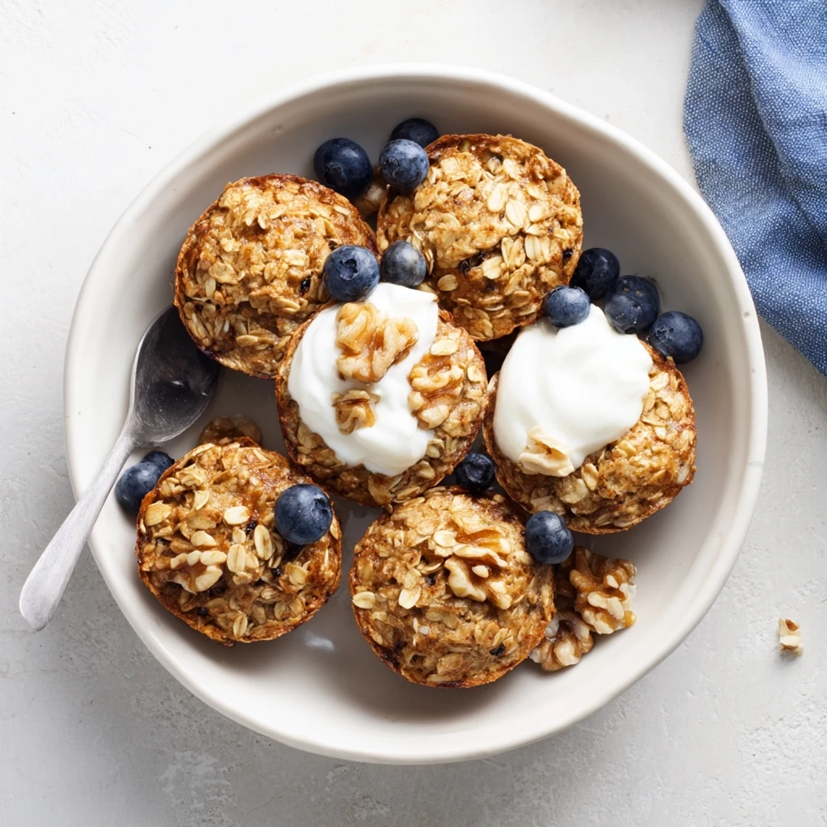 Moist and fluffy banana baked oatmeal cups served with fresh Greek yogurt for a nutritious breakfast