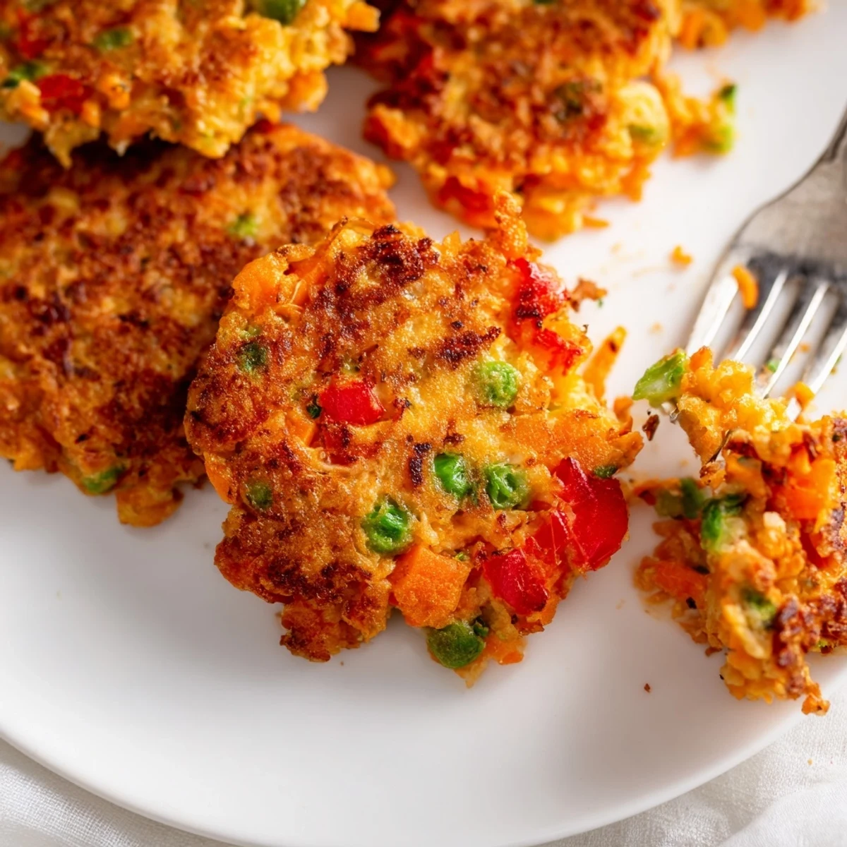 Golden crispy vegetable fritters served on a white plate with fresh herbs