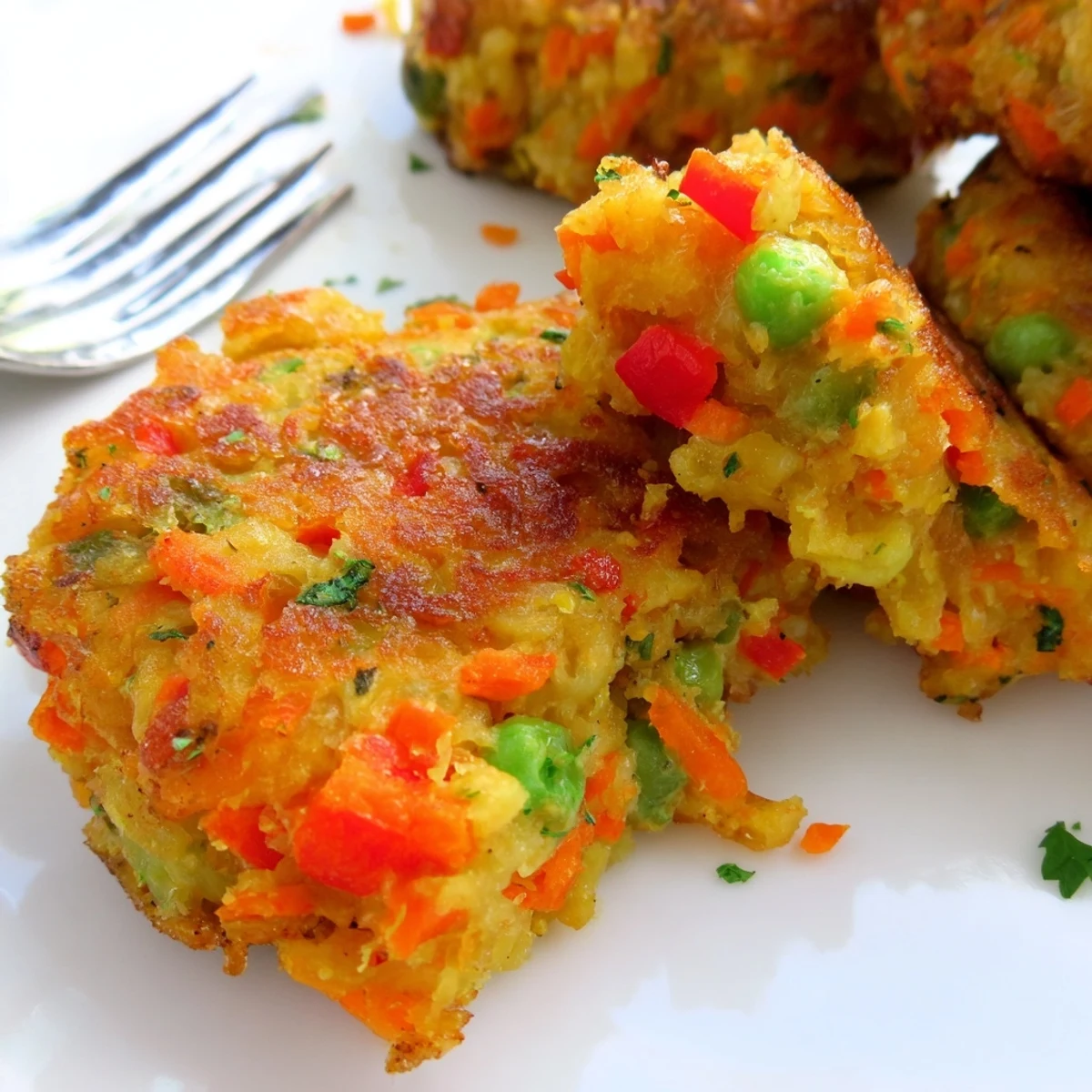 Plate of vegetable fritters with yogurt dip and chopped parsley garnish