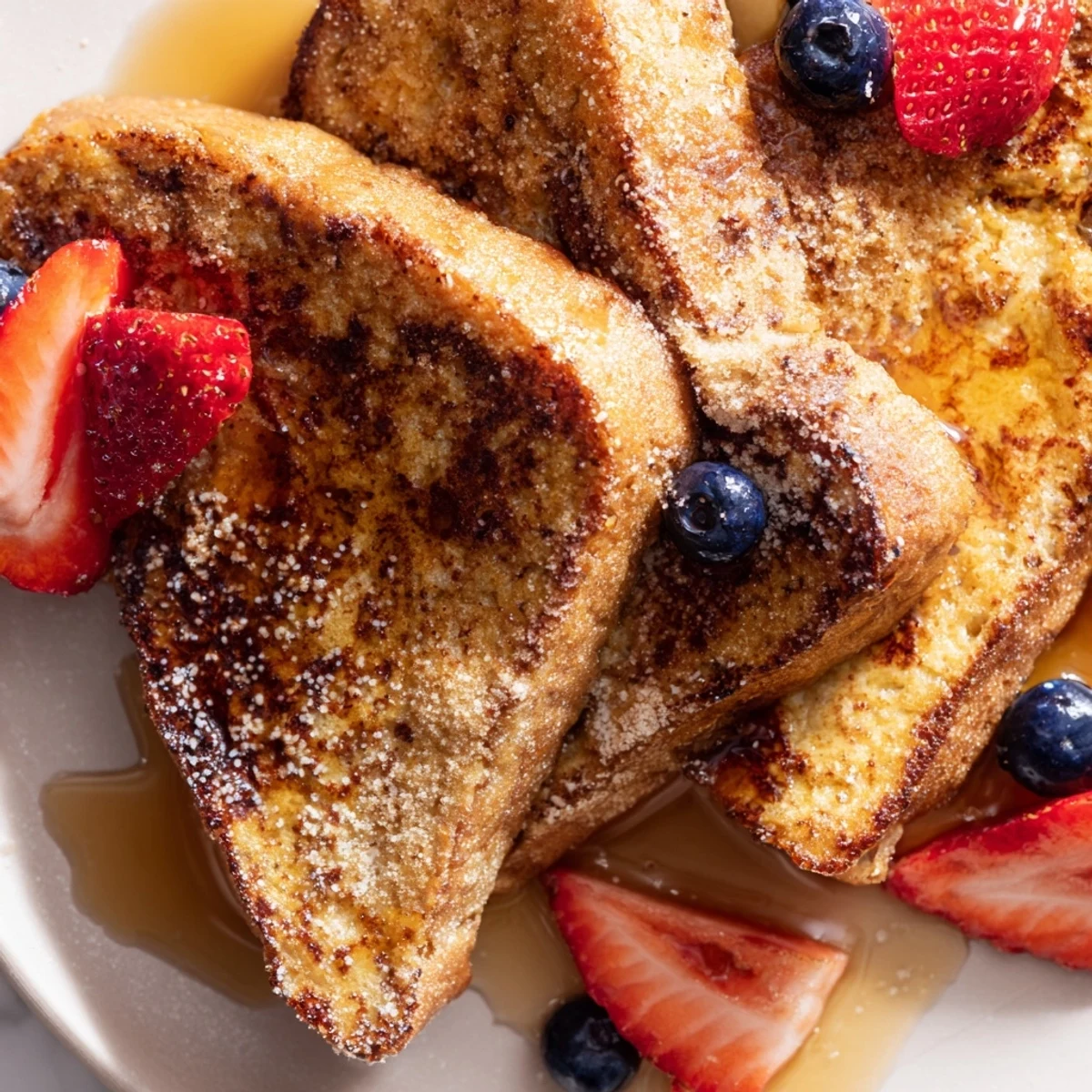 Golden vegan French toast slices dusted with powdered sugar and fresh berries on a white plate