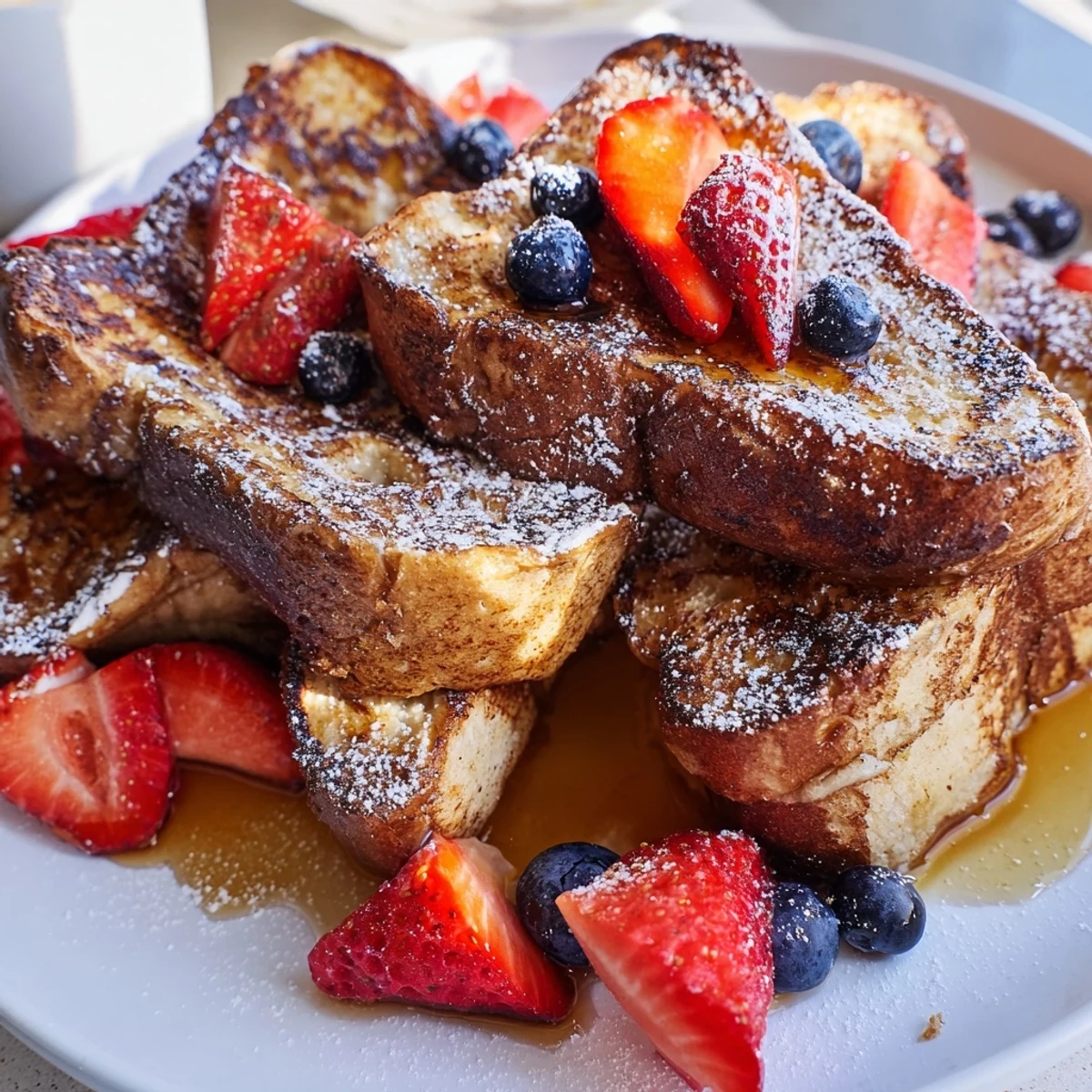 Plant-based French toast with cinnamon and vanilla served with maple syrup and sliced bananas