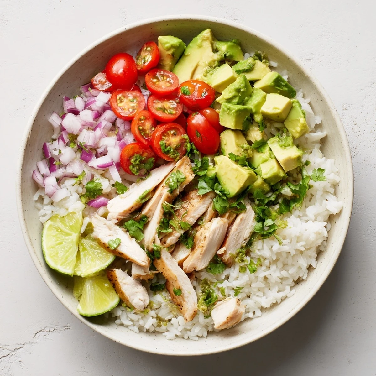 Golden honey lime chicken sliced over fluffy white rice with creamy green avocado cubes