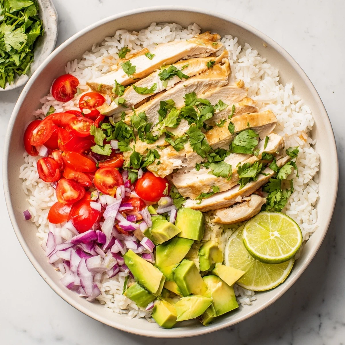 Fresh honey lime grilled chicken bowl topped with ripe avocado and fluffy white rice
