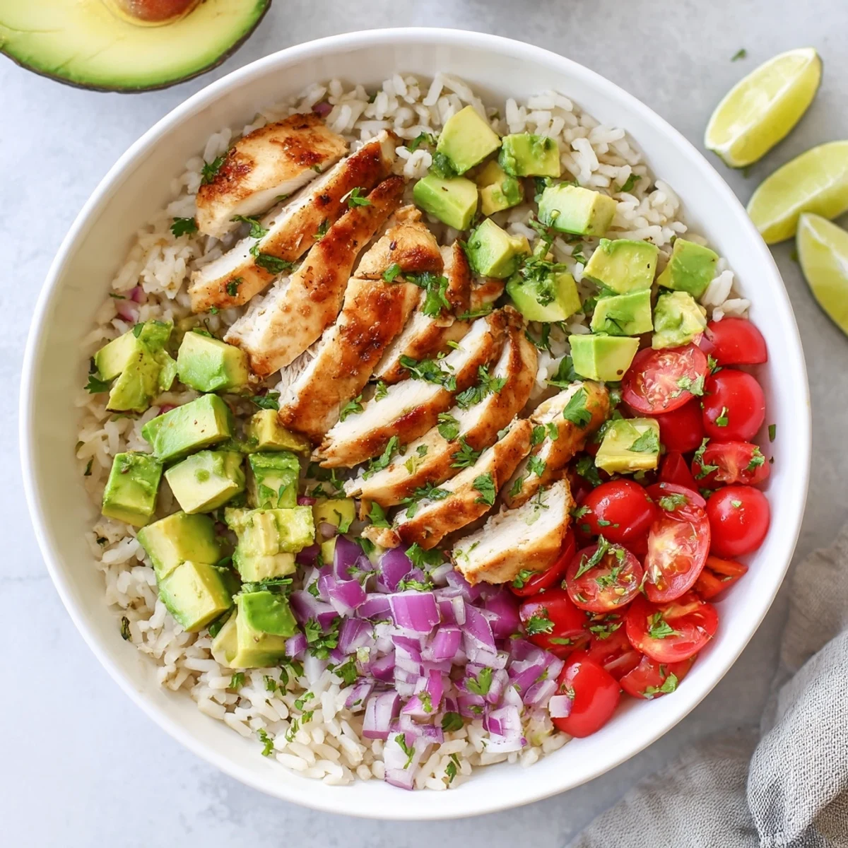 Colorful rice bowl featuring honey lime glazed chicken breast with buttery diced avocado pieces