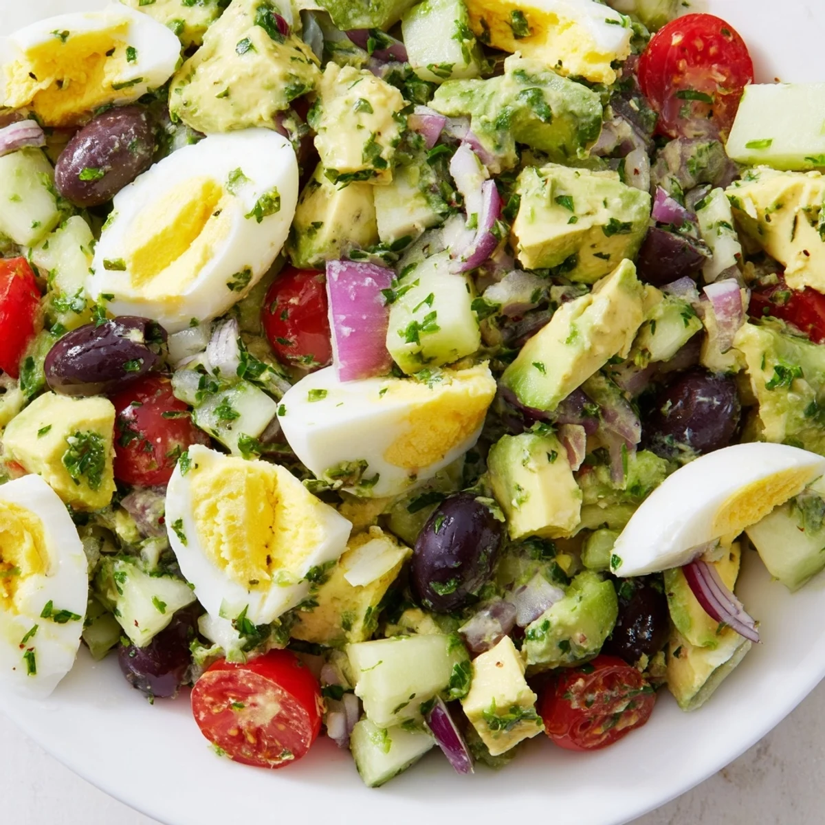 Creamy Mediterranean avocado egg salad with colorful cherry tomatoes, olives, and fresh parsley in a serving bowl