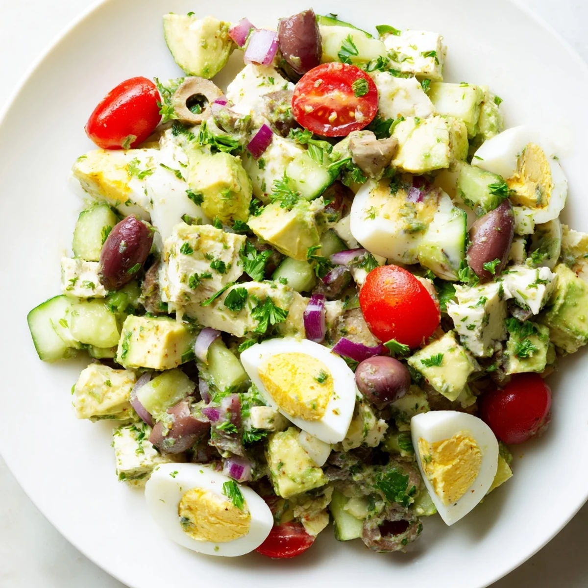 Light and refreshing Mediterranean avocado egg salad topped with bright red cherry tomatoes and green cucumber on a white plate