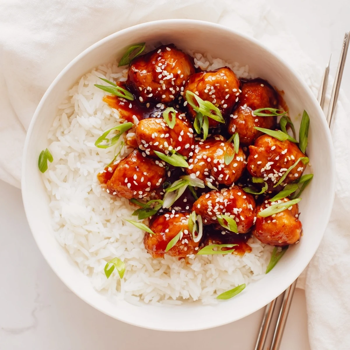 Golden glazed quick chicken teriyaki pieces glistening with savory teriyaki sauce over fluffy white rice