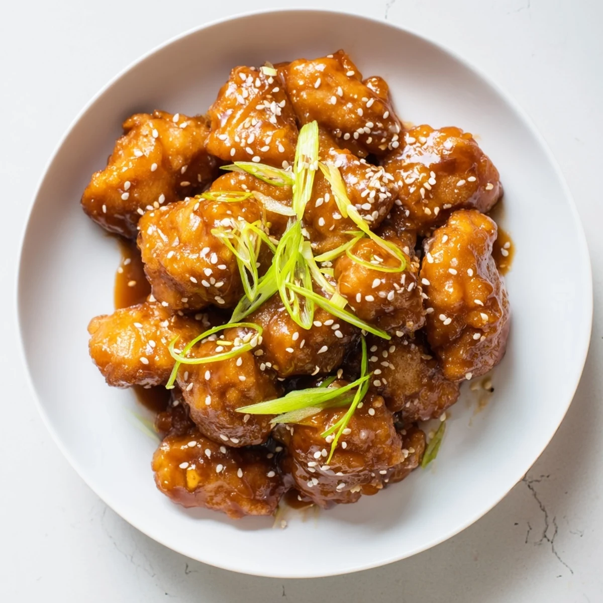 Golden honey chicken pieces glazed in sweet sticky sauce garnished with green onions and sesame seeds