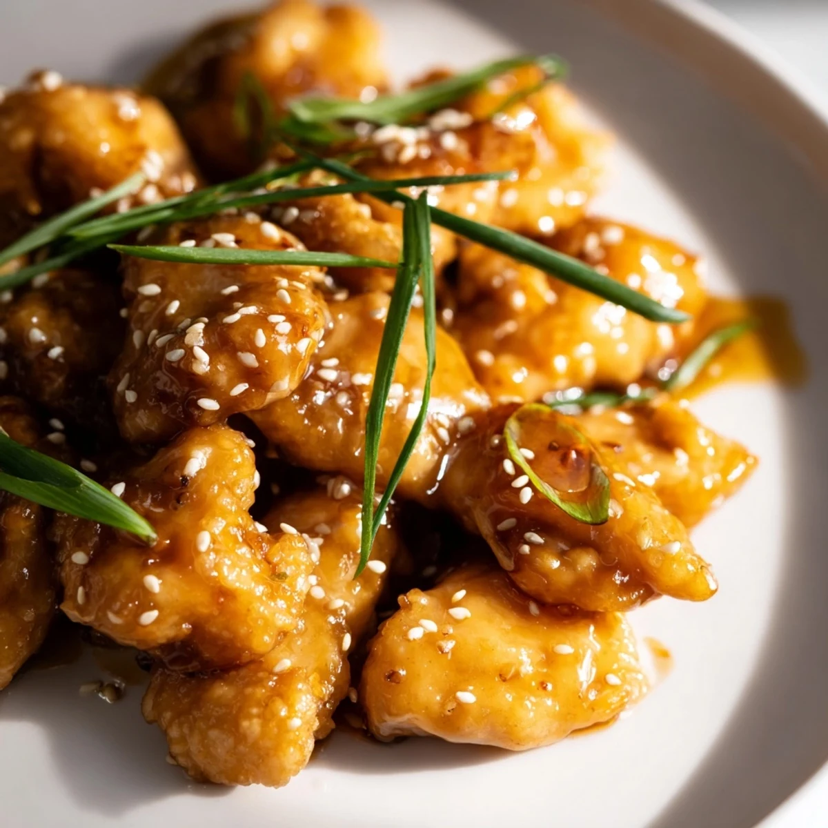 Asian-inspired honey chicken with caramelized coating sprinkled with fresh scallions and toasted sesame seeds