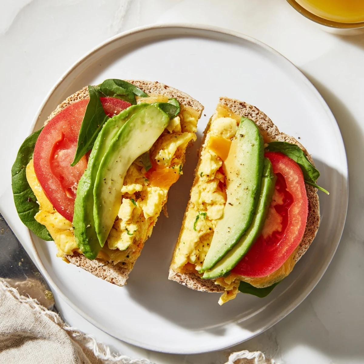 Golden stacked healthy breakfast sandwich with fluffy scrambled eggs, melted cheese, avocado, and fresh spinach on toasted whole grain English muffin