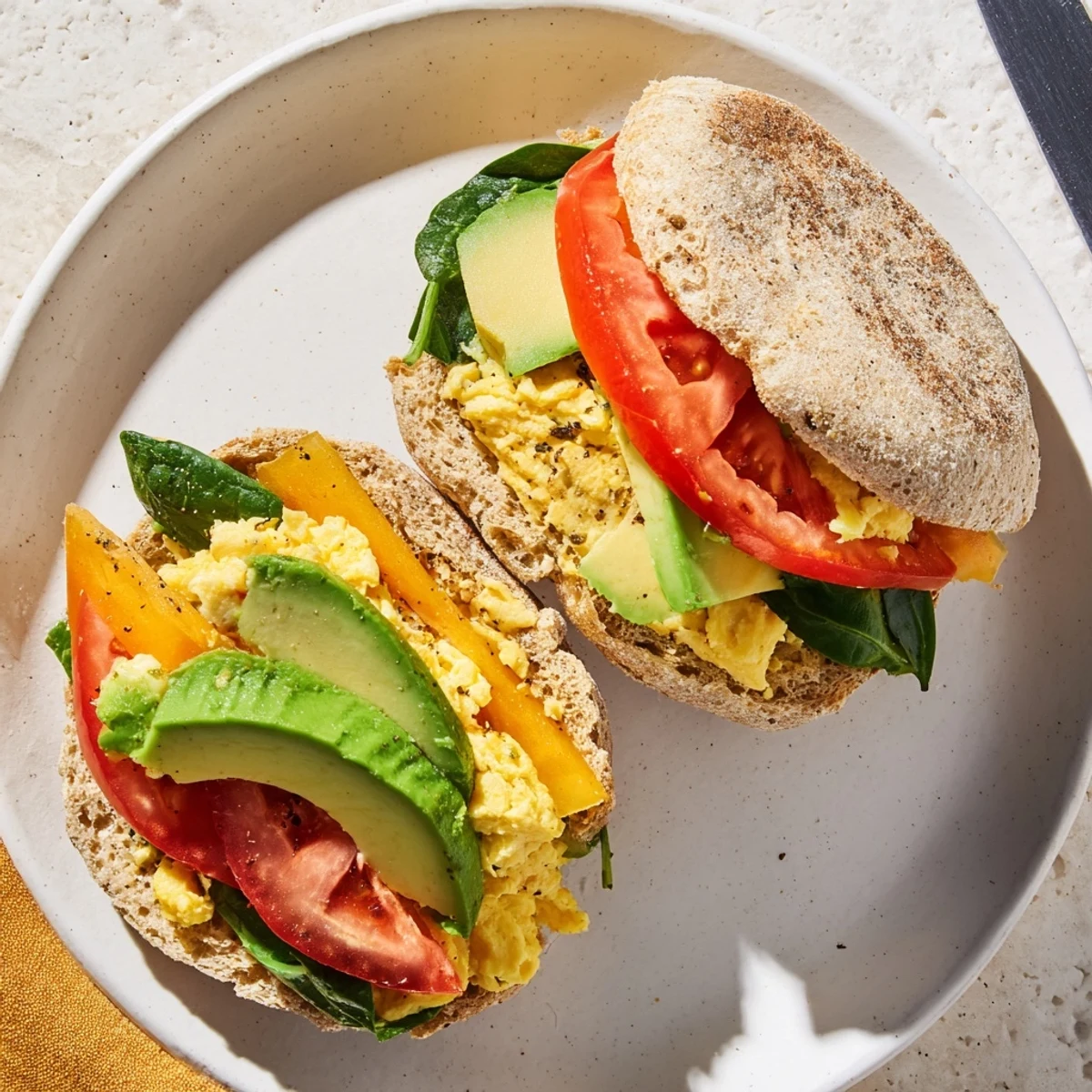 Homemade healthy breakfast sandwich layered with tomato slices, cheddar cheese, and creamy avocado between warm toasted muffin halves