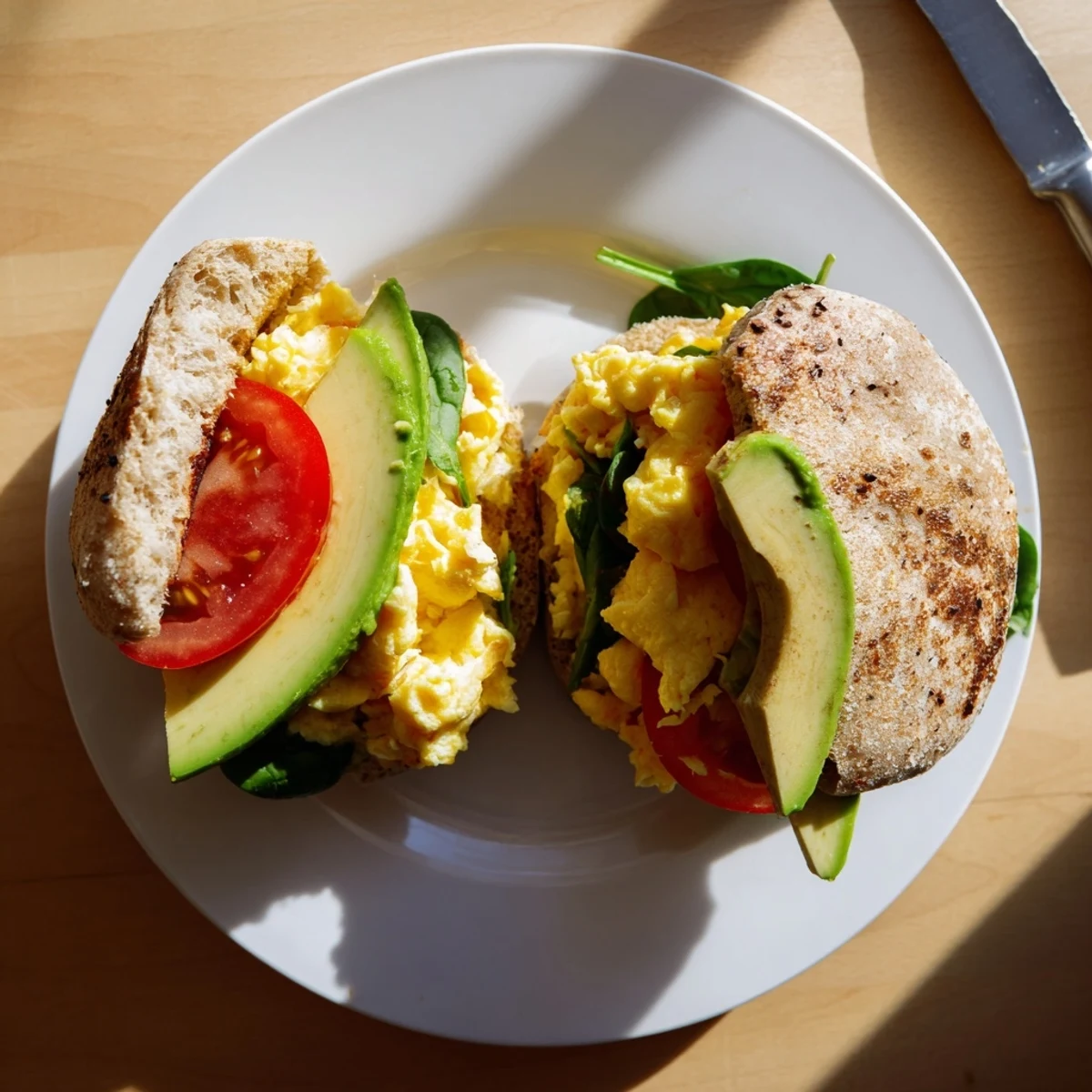 Protein-packed healthy breakfast sandwich featuring scrambled eggs, baby spinach, ripe avocado, and melted cheese on a split English muffin